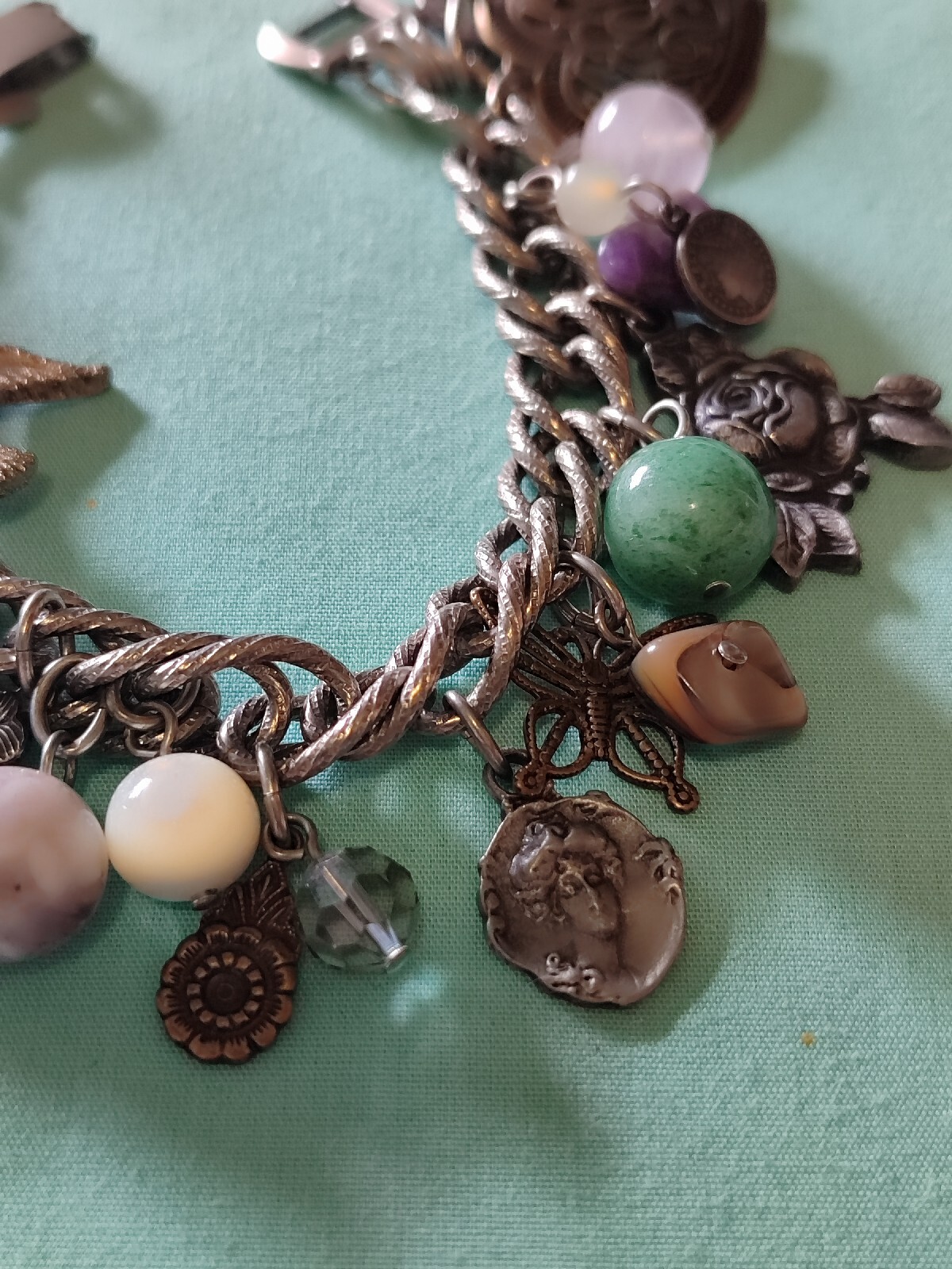 Vintage Loaded Dangle Charm Starter Bracelet Silver Plate Pewter Art Glass Stone