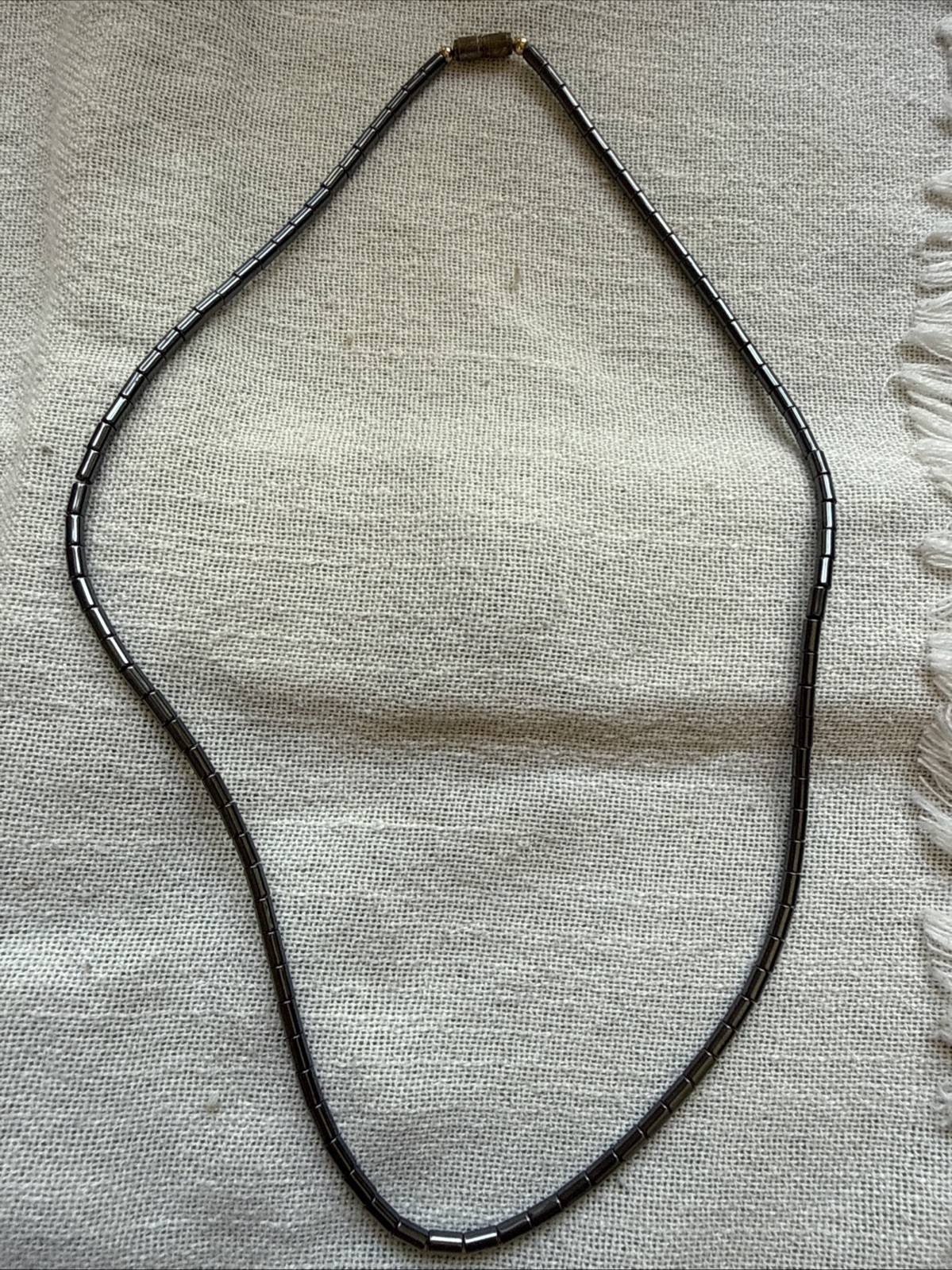 #3 Vintage Hematite Bead Necklace –Sleek Metallic Tube Beads with Magnetic Clasp