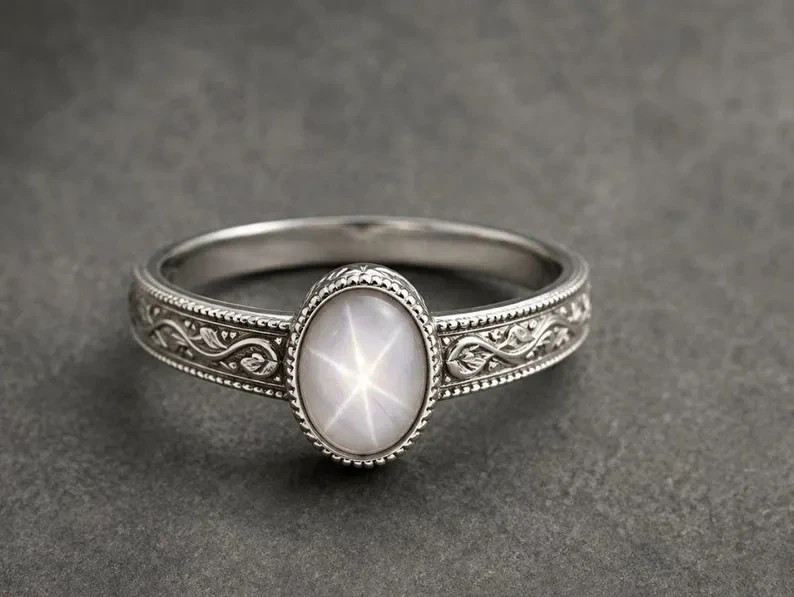 Natural White Star Sapphire Ring 925 Sterling Silver Vintage Ring