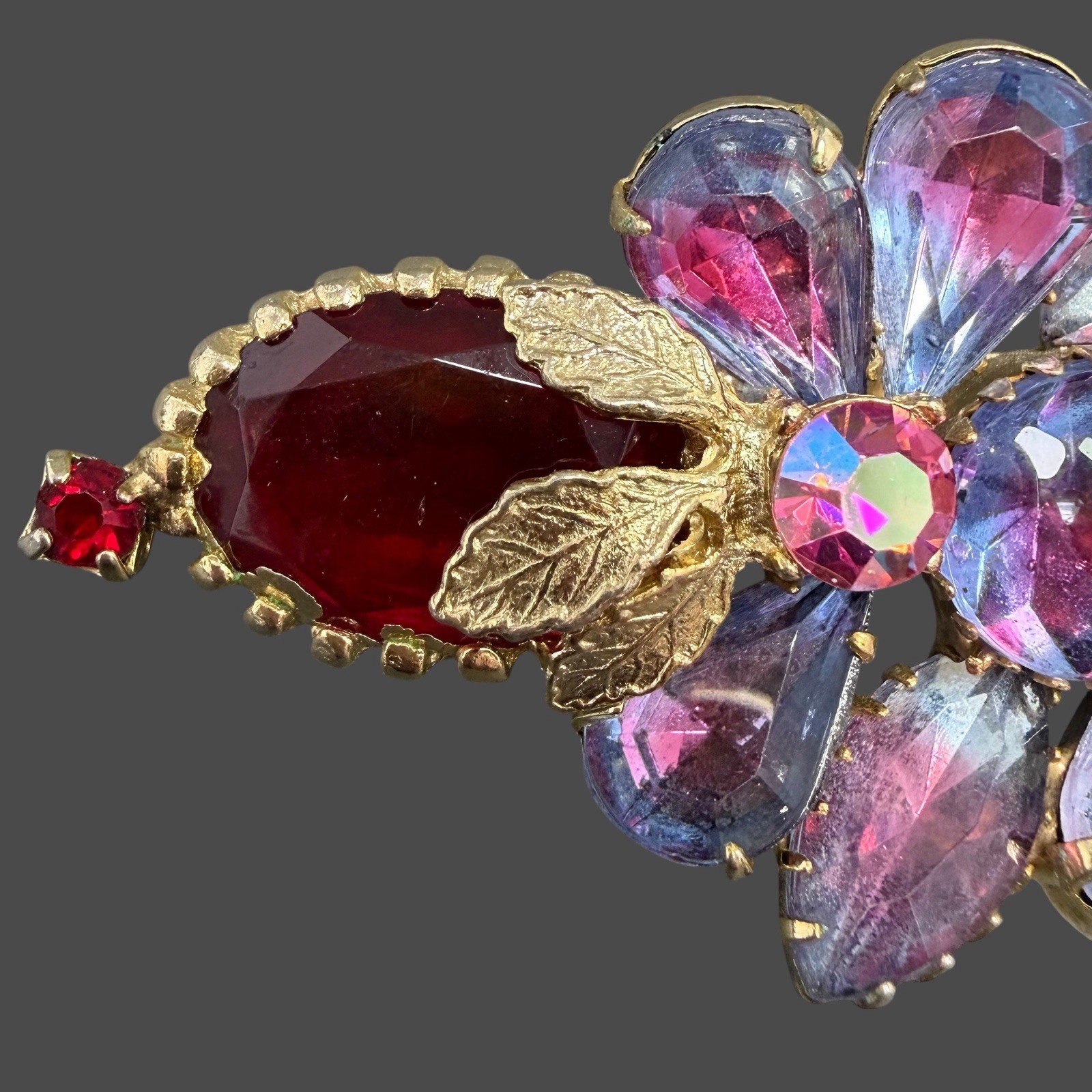Vintage Gold Tone Red Cab Purple Pink Rhinestone Floral Linear Bar Brooch