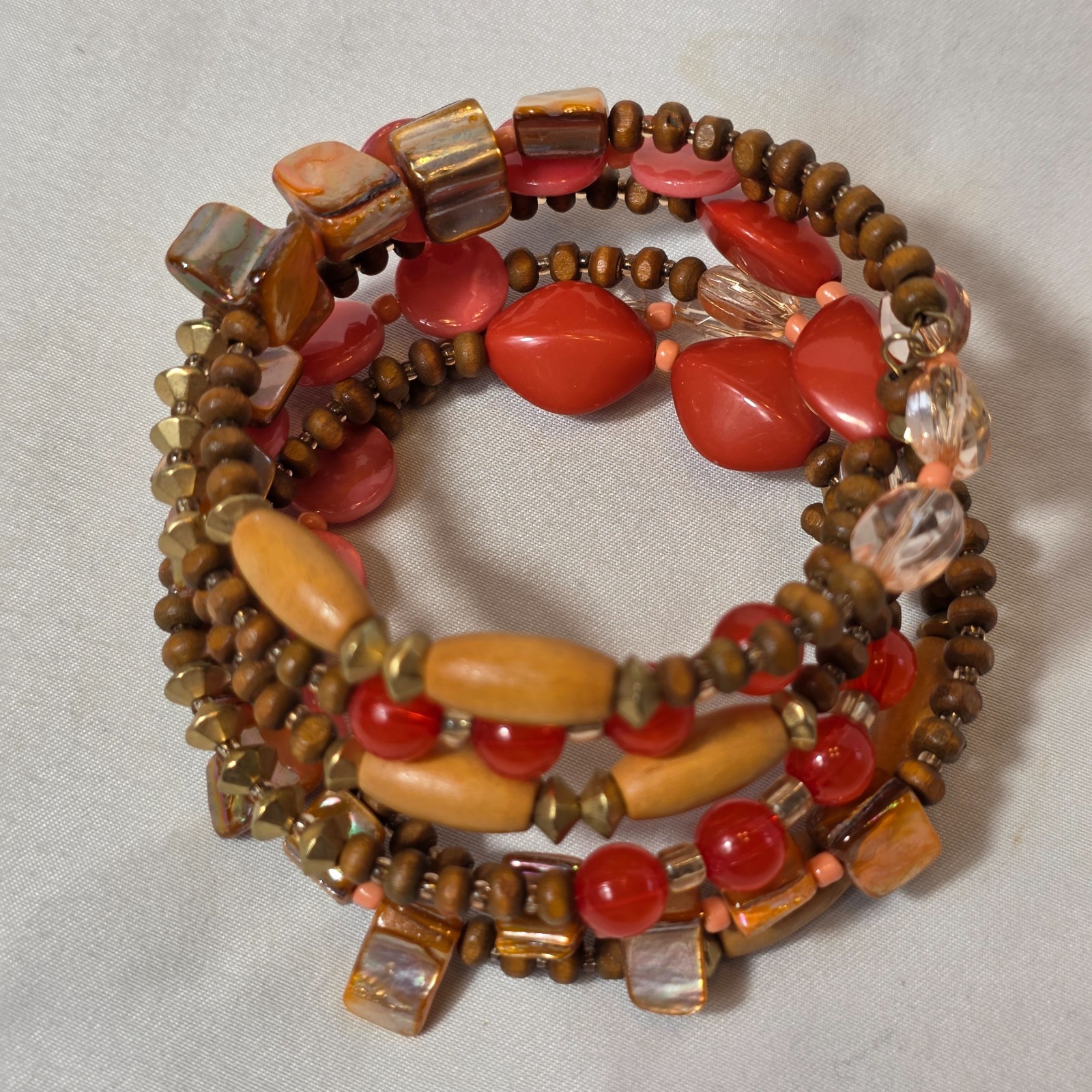 Bohemian-Style Multi-Strand Wrap Bracelet Warm Earthy Tones Wood & Glass Beads
