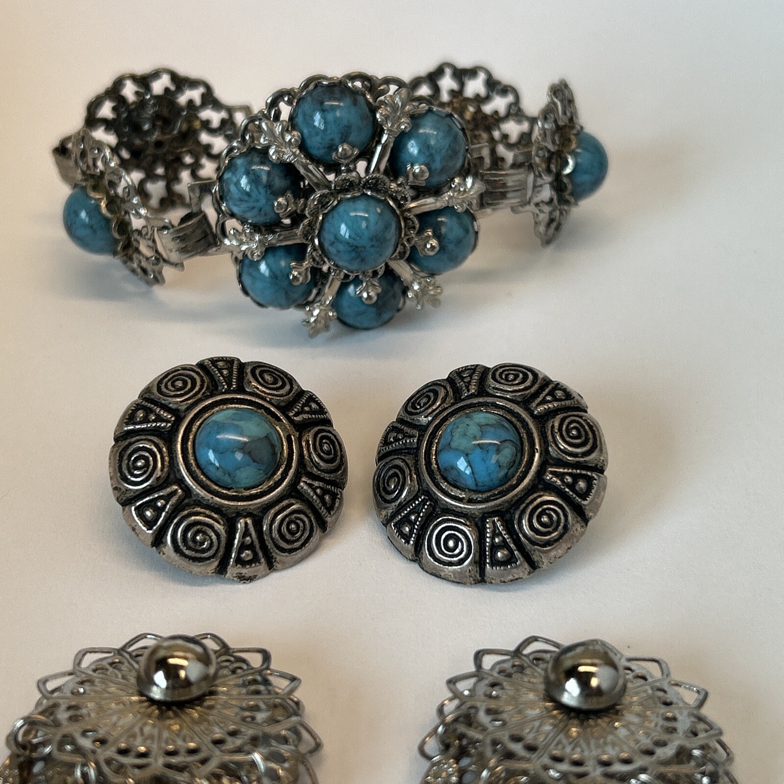 Faux Turquoise Bracelet 2 Earrings Silver Tone Southwestern Boho Tribal Filigree