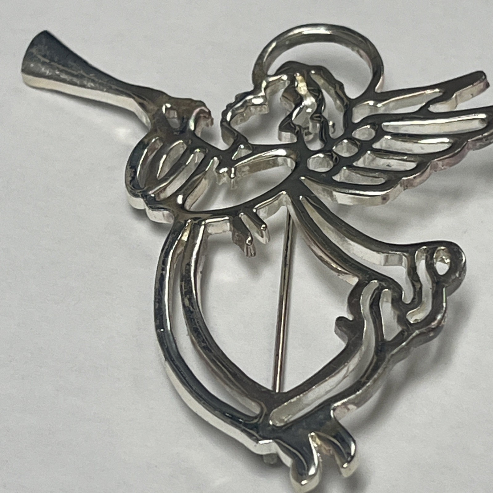 Vintage Silver Halo Angel With Wings & Blowing Trumpet Brooch Lapel Pin Costume