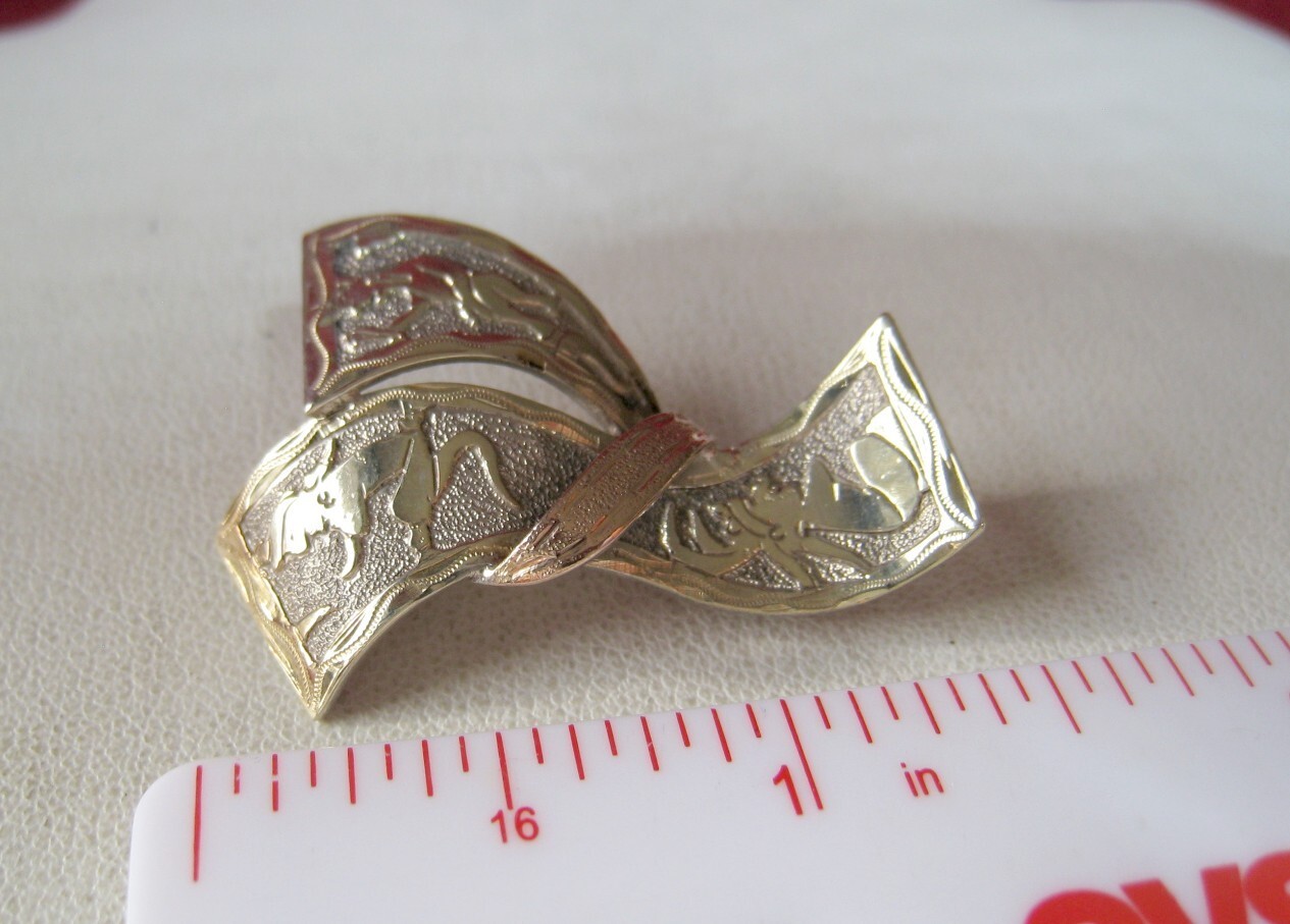 RARE VINTAGE 900 SILVER GUATEMALA MULTI COLOR RIBBON BOW BROOCH PIN 4.8 GR