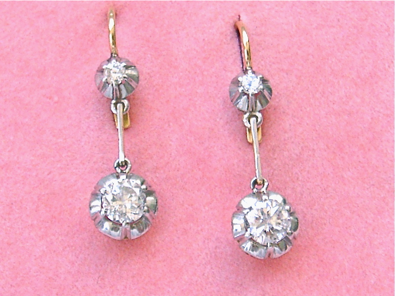 VINTAGE 1ctw DIAMOND DROP 2-STONE PLATINUM SHORT DANGLE COCKTAIL EARRINGS 1950
