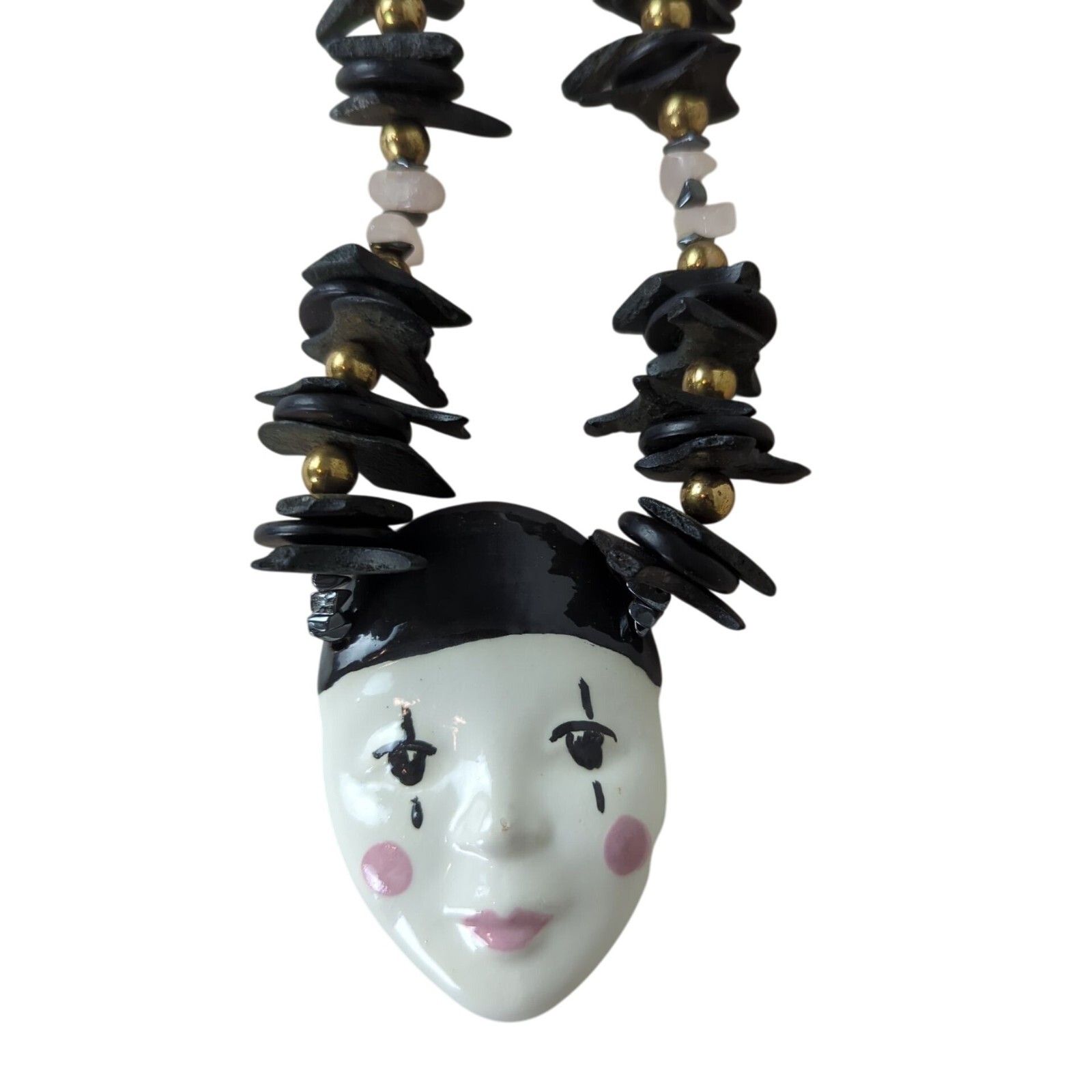 Vintage Harlequin Face Ceramic Pendant Necklace Pink and black stone & wood 25″