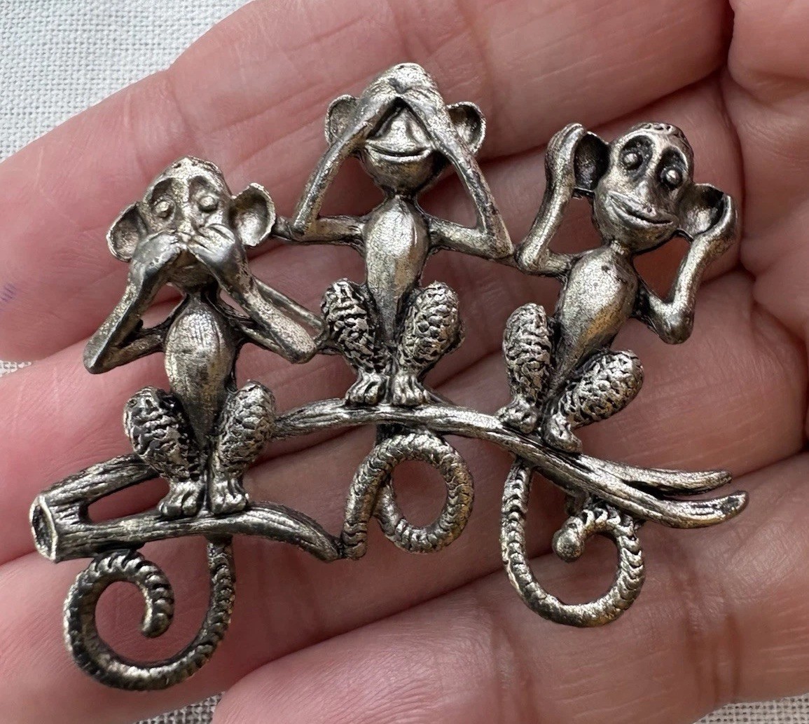 Vintage Danecraft See-Hear-Speak No Evil Monkey Brooch Pin – Pewter