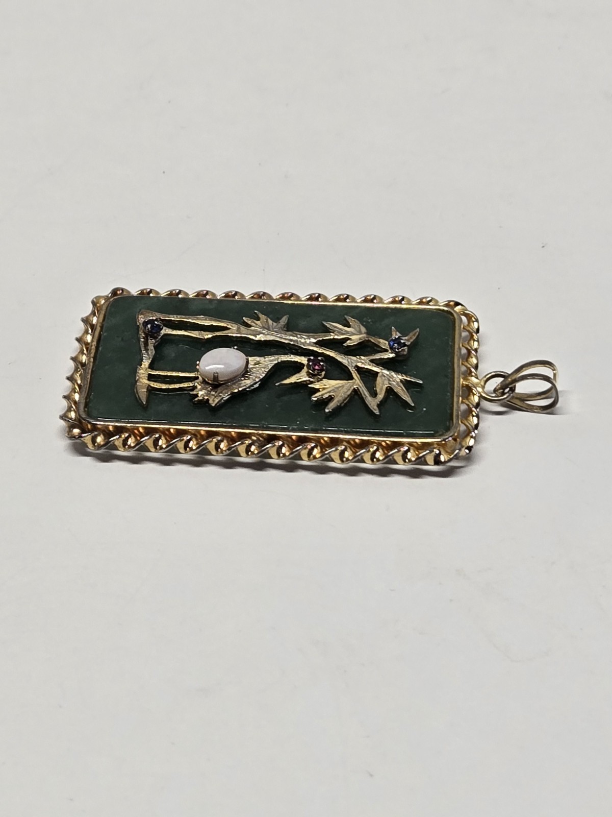 VTG Chinese Green Jade Pendant Crane Longevity Good Fortune Ruby Sapphire Opal