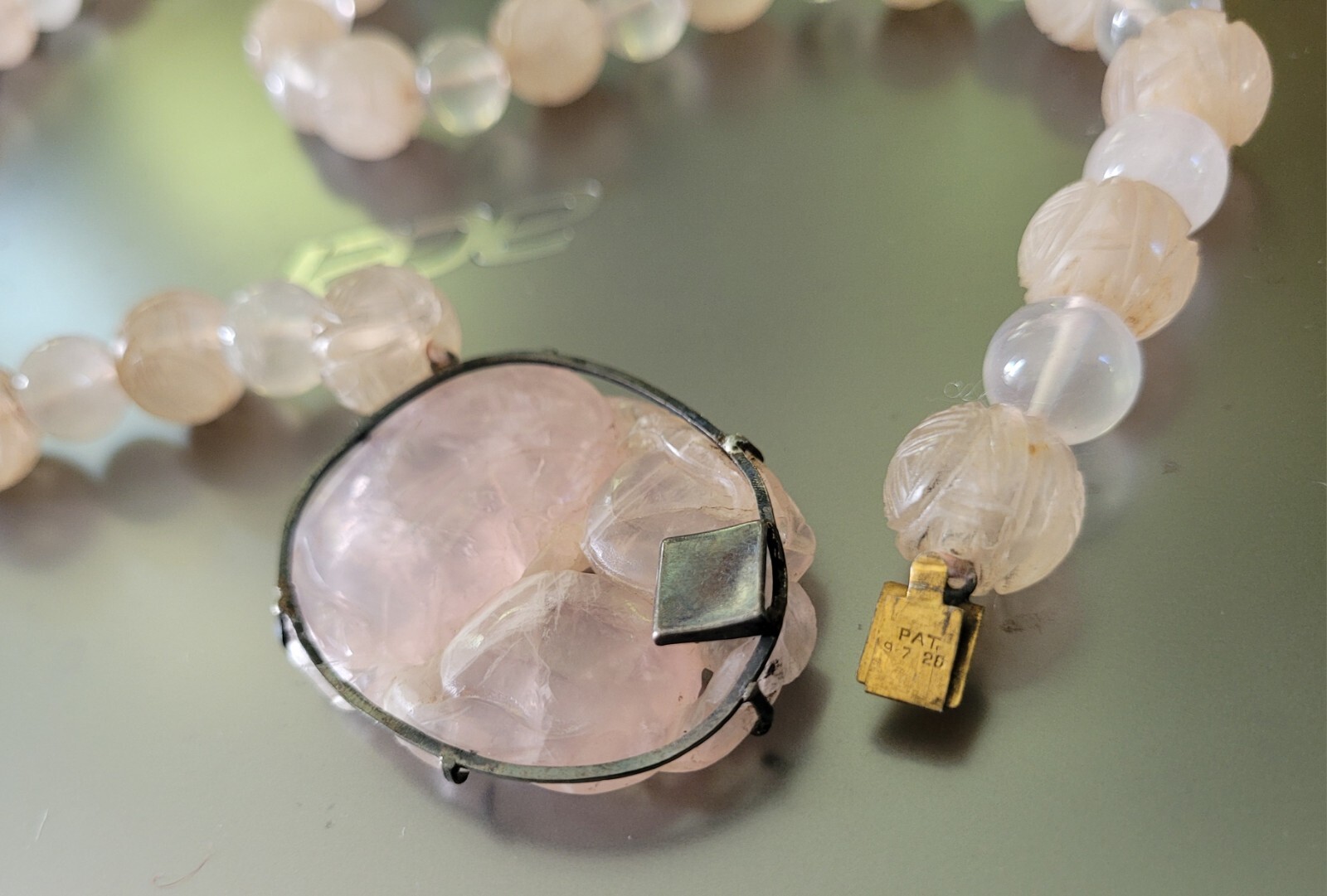 Antique Chinese Circa 1920s Sterling Carved Rose Quartz Beads Pendant Necklace