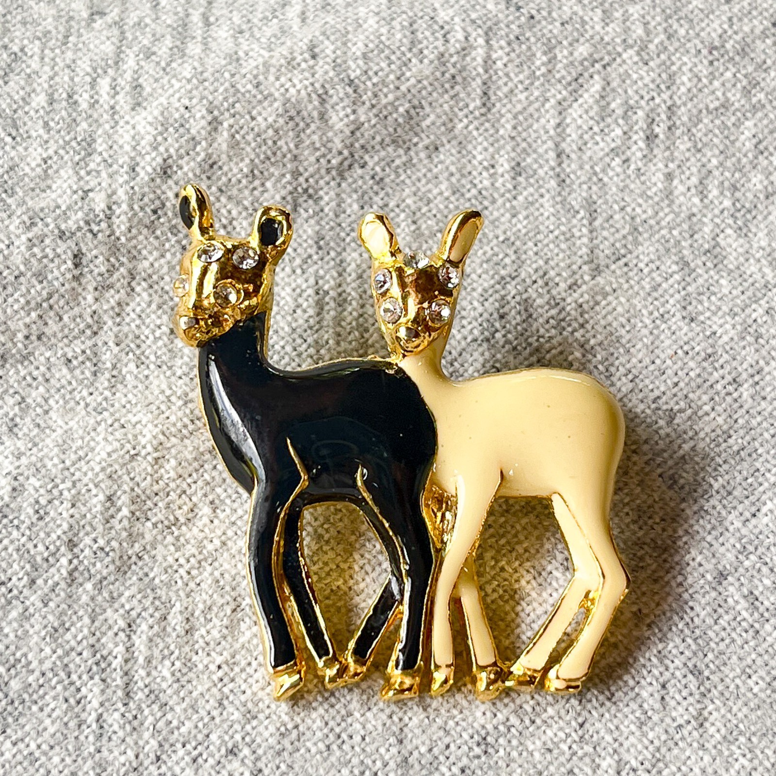 Ebony & Ivory Enamel Deer Brooch Rhinestone Gold Tone Animal Pin Costume Jewelry