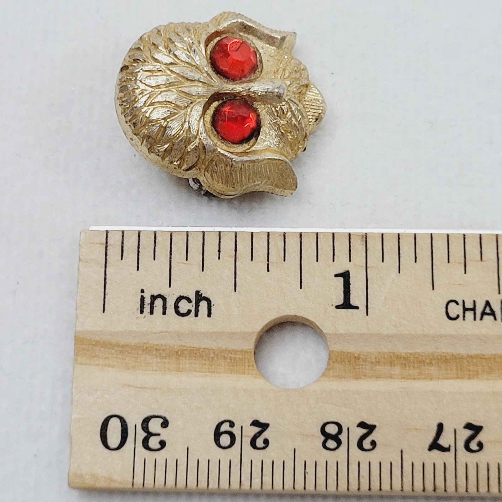 Vintage Gold Tone Puppy Dog Brooch Pin Red Rhinestone Eyes About 1″
