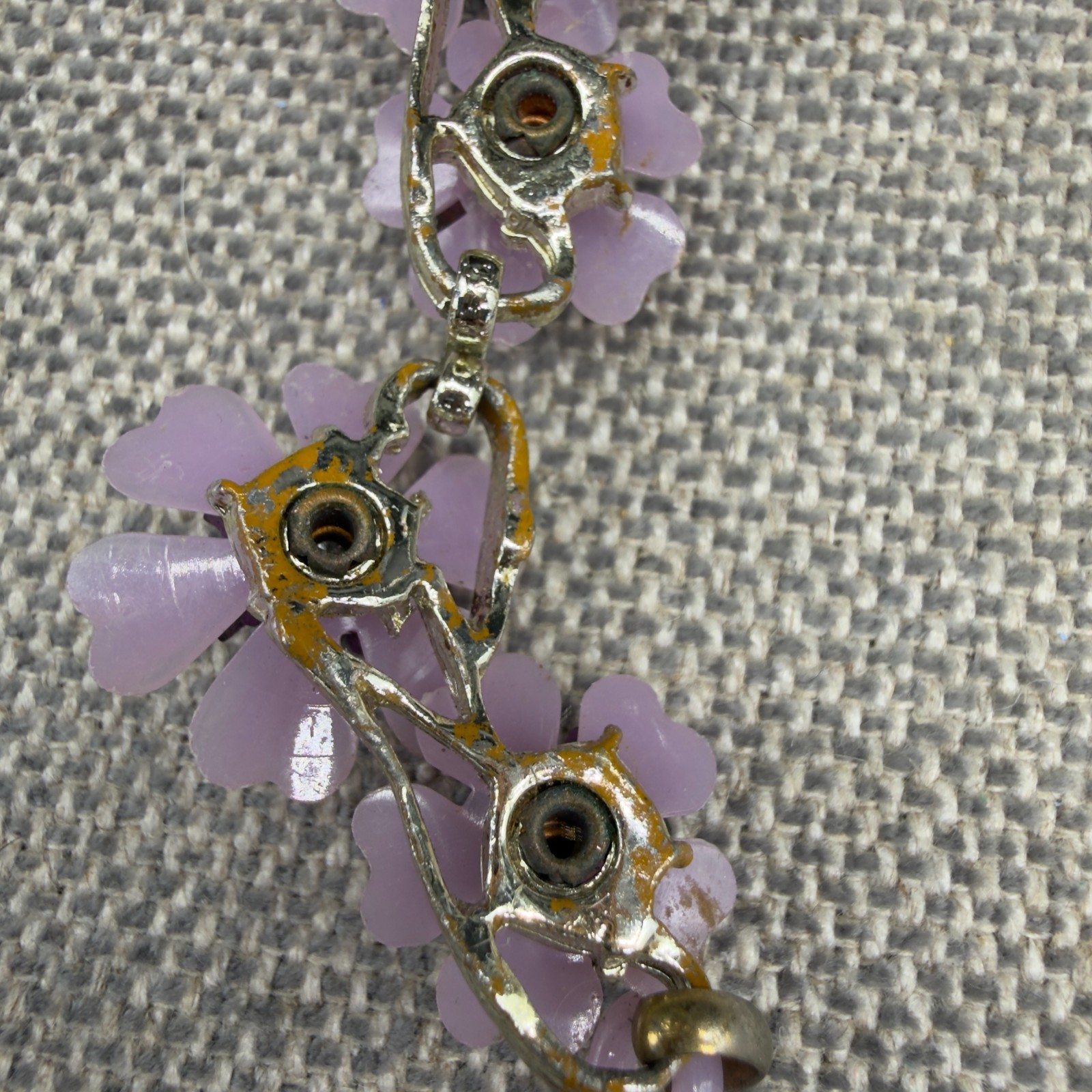 Vintage Necklace Acrylic Purple Flowers Rhinestone Centers 15 Inches READ