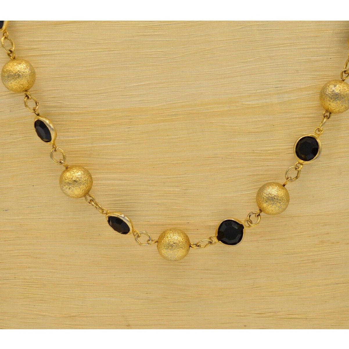 Austrian Crystal USA Vintage Necklace Black Open Bezel Gold Ball Signed 80s Bin8