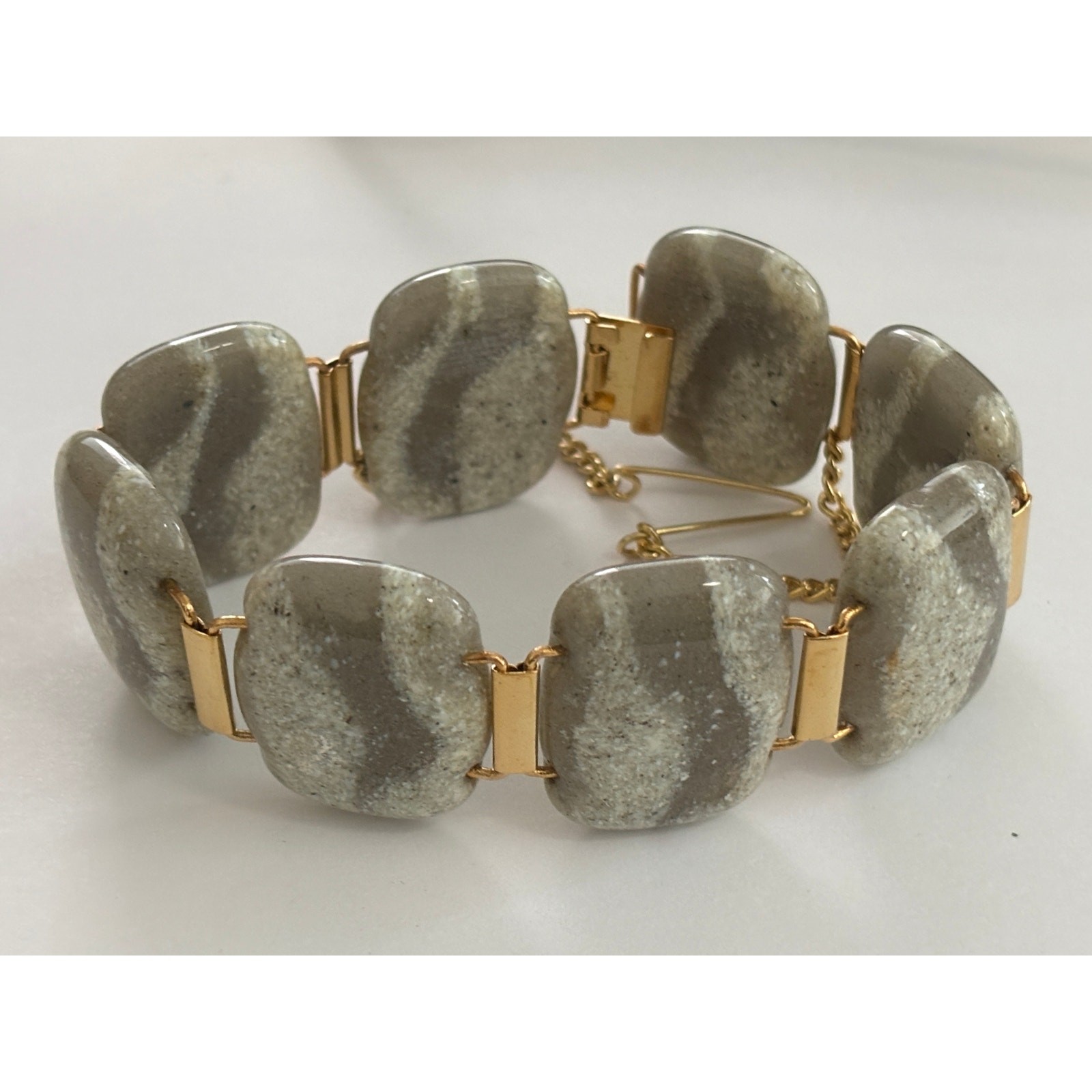 Vintage MCM Art Glass Panes Bracelet & Earrings Set Gold Tone Minimalist