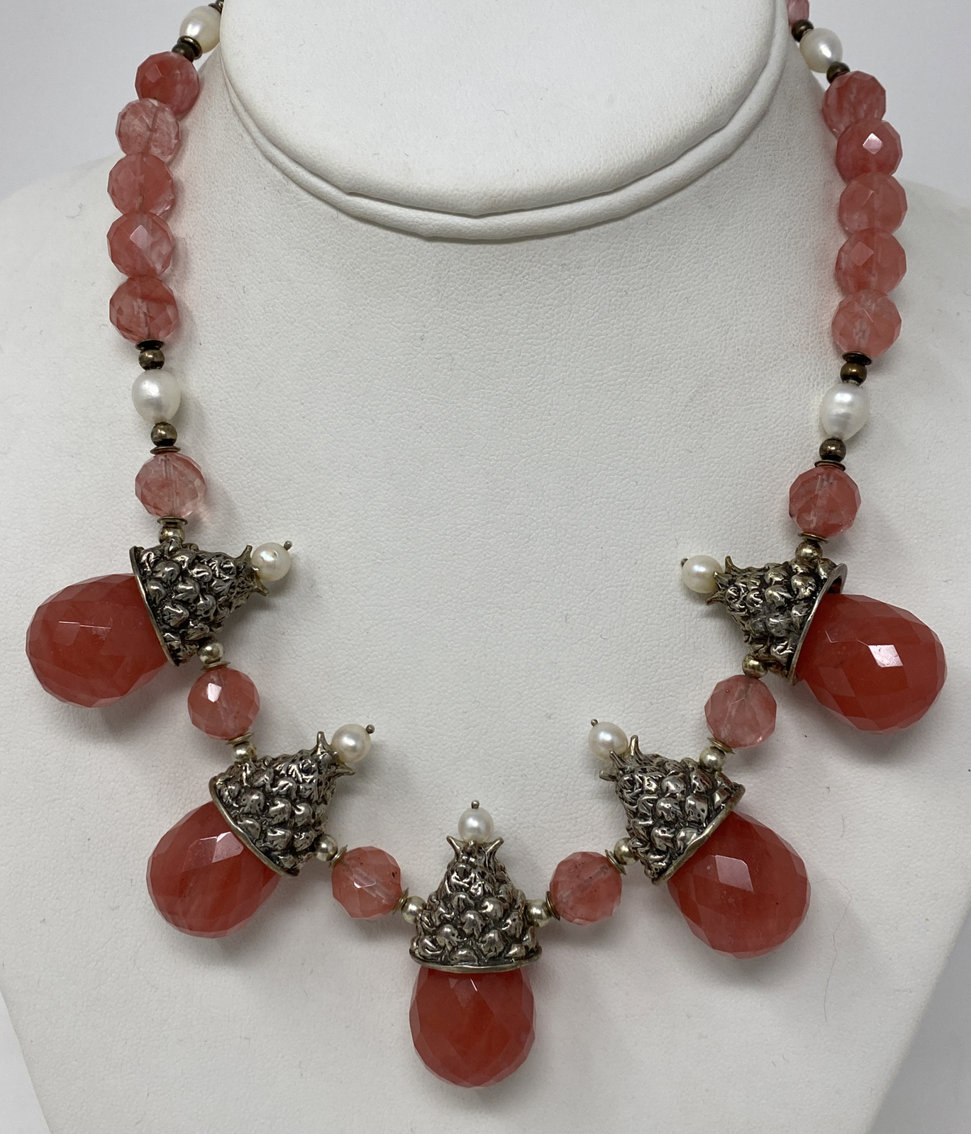 Stunning Artist Signed PF Sterling Silver Rose Quartz Pearl Collar Necklace
