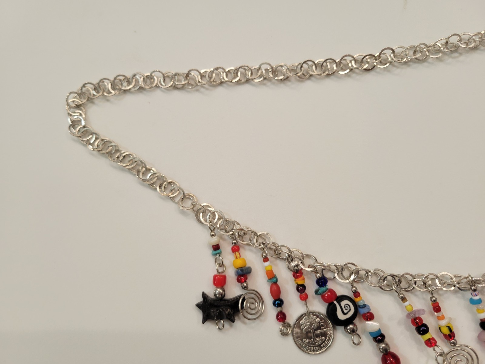 Vintage Multi-stone Tribal Guatemala Coin Charm Beaded Strand Silver Toned Boho