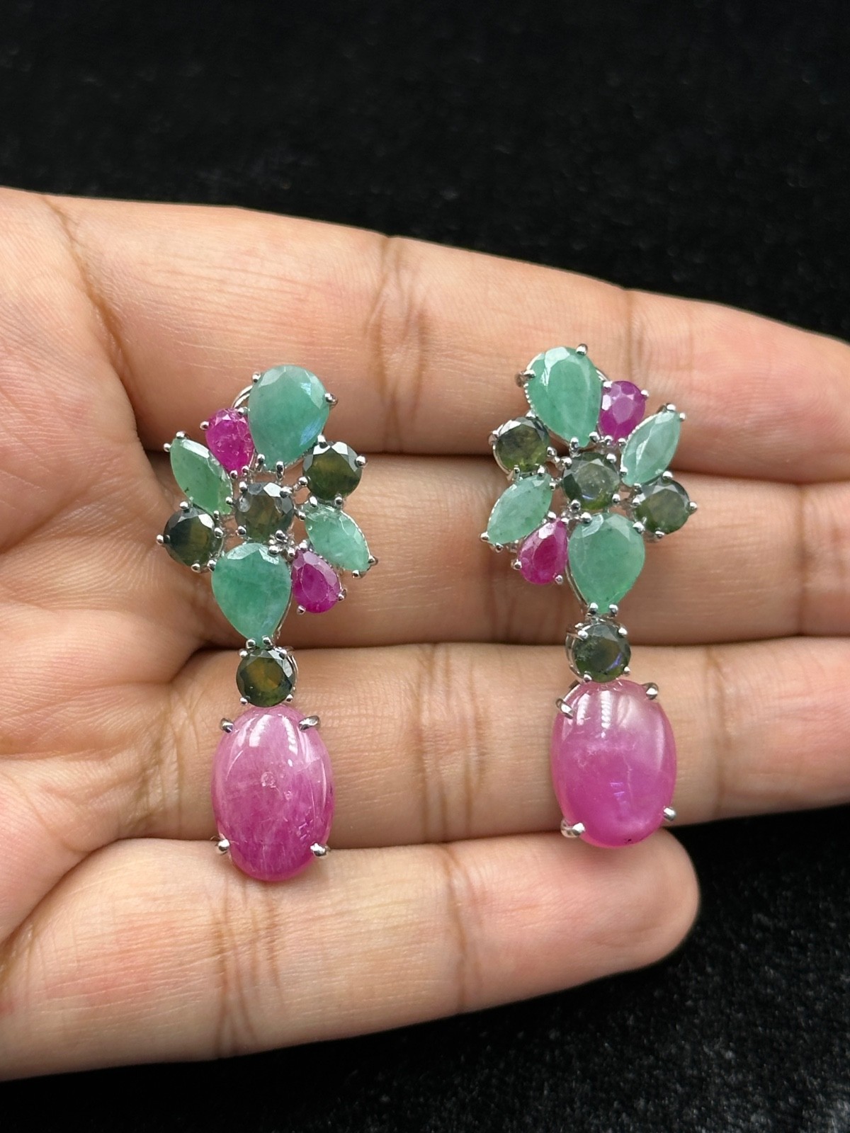 Beautiful Victorian Handmade Ruby And Emerald Earrings, 925 Sterling Silver