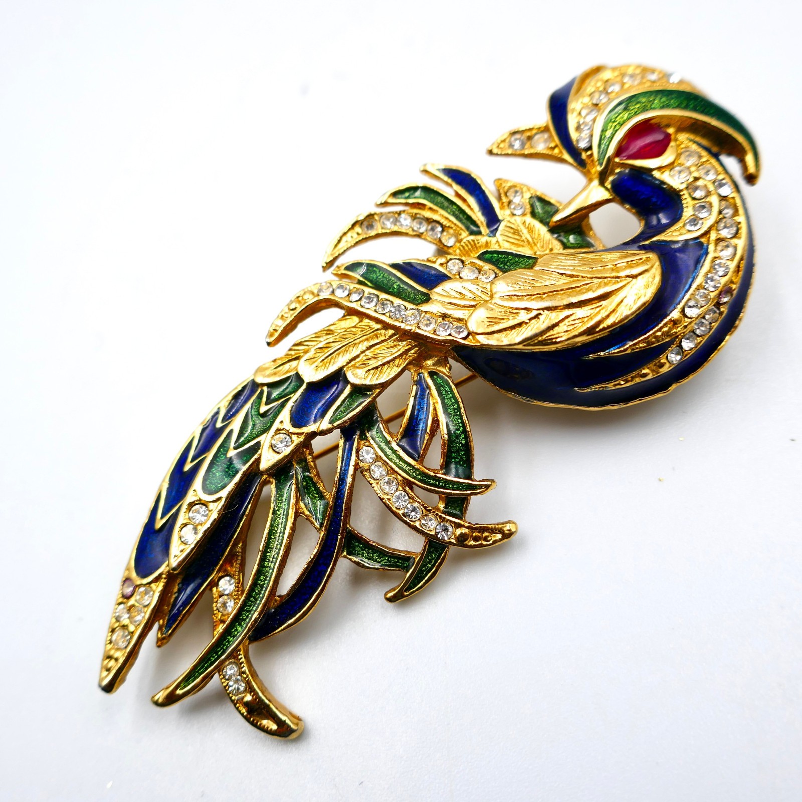 Sphinx Bird of Paradise Pin Brooch 3″ Enamel Rhinestone England Vintage