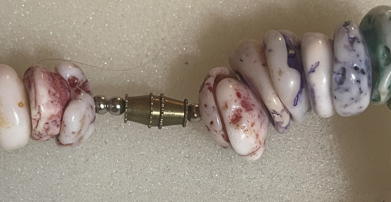 1970’S 18 inch stone necklace slices of color blue, peach purple green white