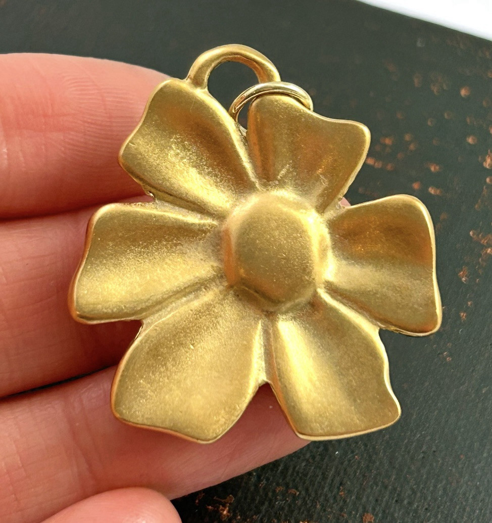 Vintage Flower Necklace Pendant Large Charm Gold Tone Metal Vintage Jewelry Gift