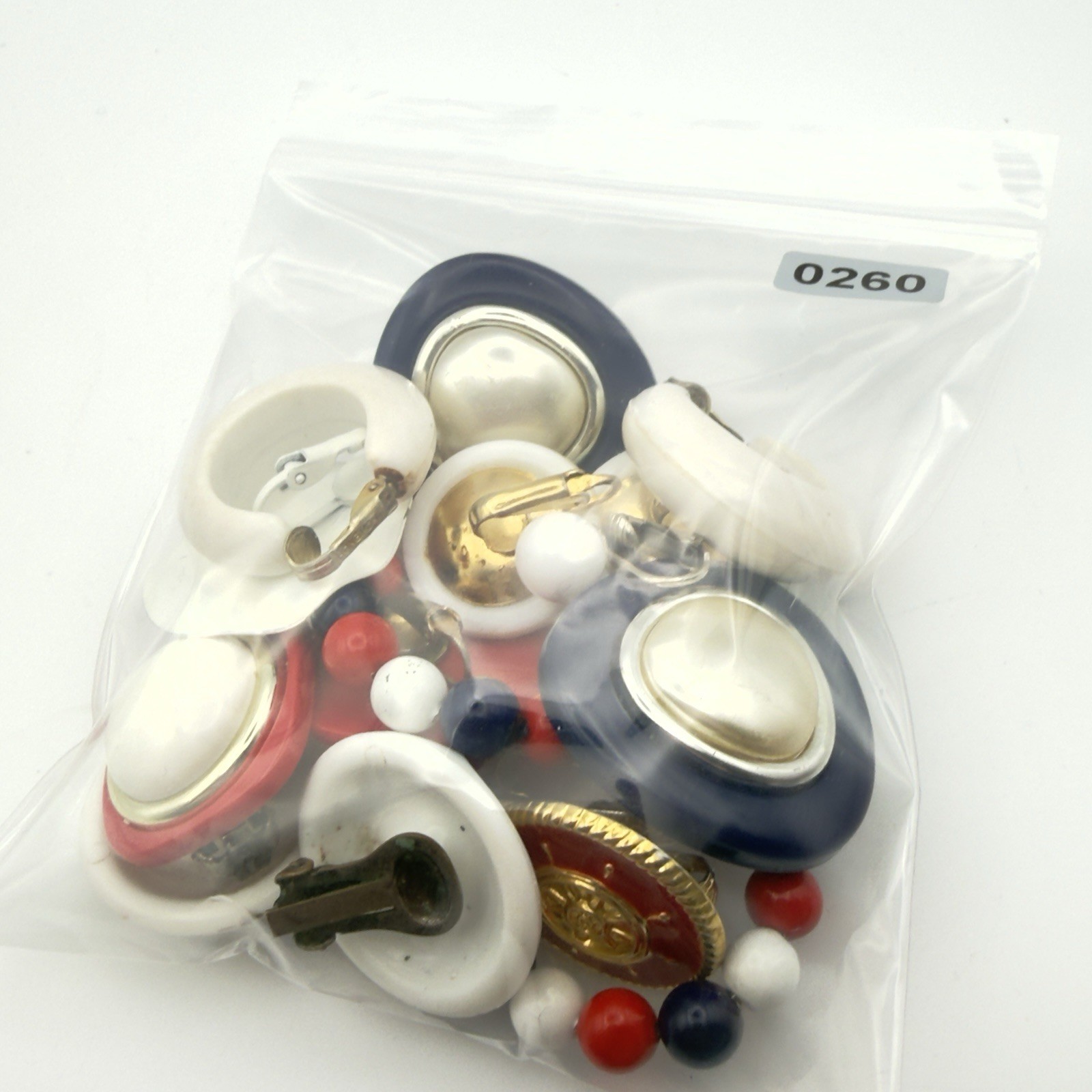 Vintage Clip On earrings Lot Nautical Red White Blue Hoop Button Retro 10pr USA