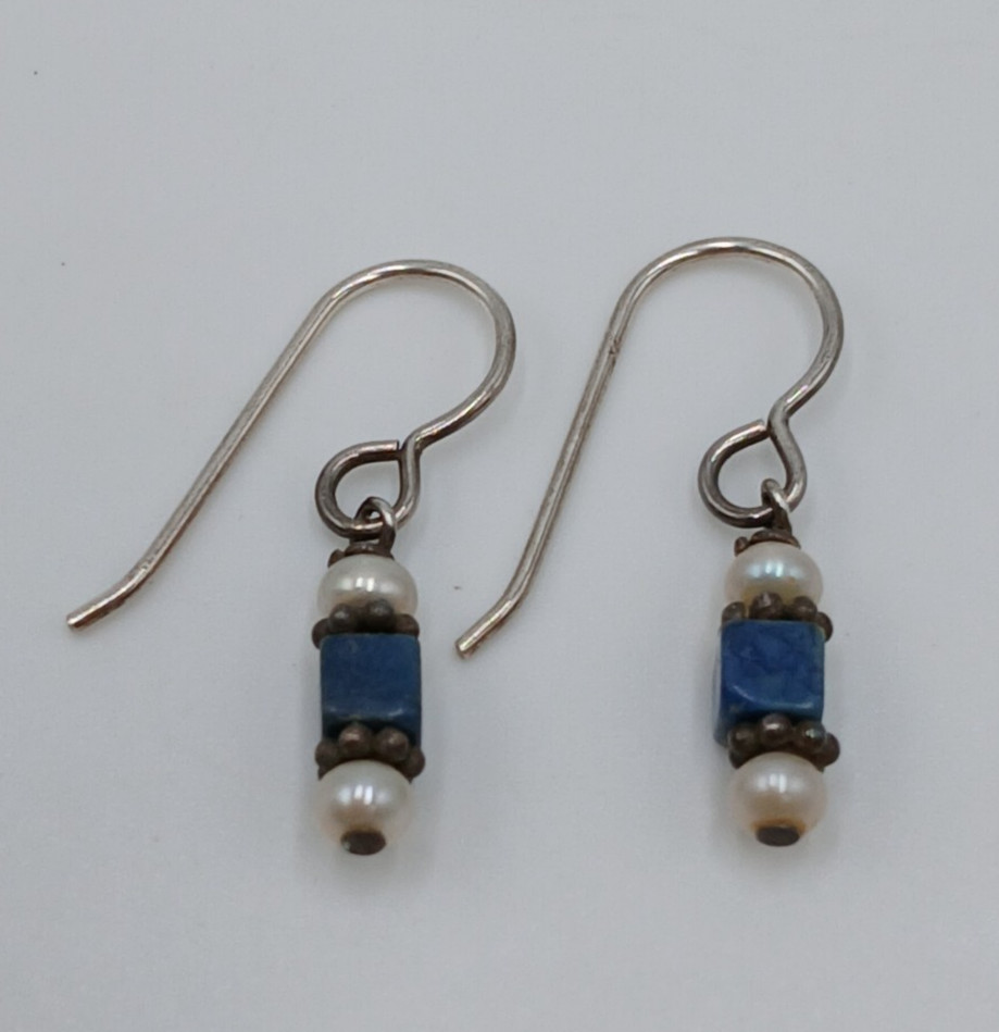 VTG Beaded Dangle Earrings 1in Drop Blue Stone Seed Pearl Silver Tone Estate