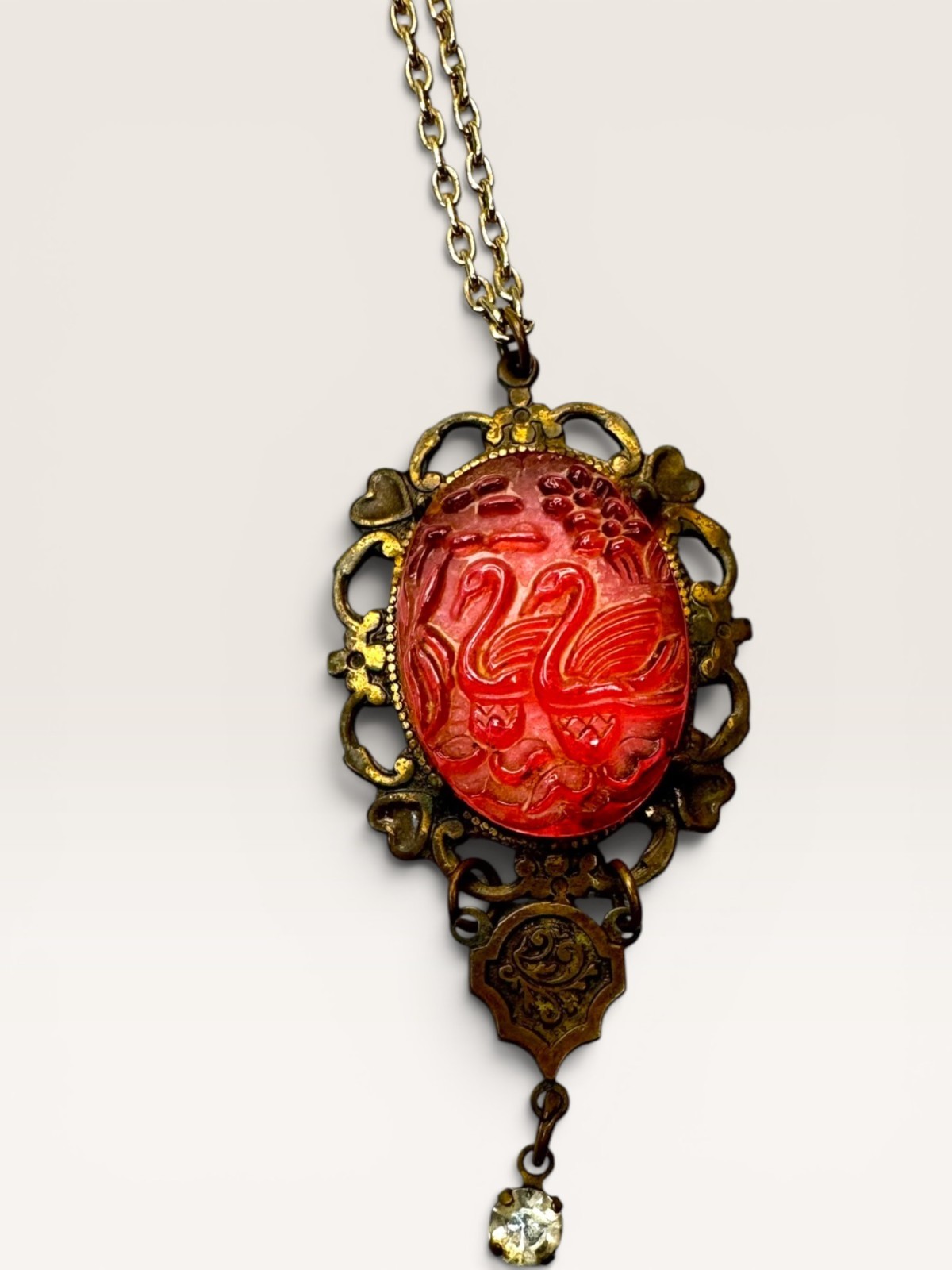 Glass Works Studio Red Swan Pendant Necklace Vintage Gold Brass 1980s