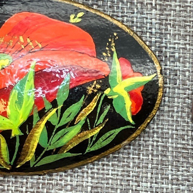 Hand-Painted Floral Brooch Pin 2×1 In Signed HM Oval Red Poppy Flower Black
