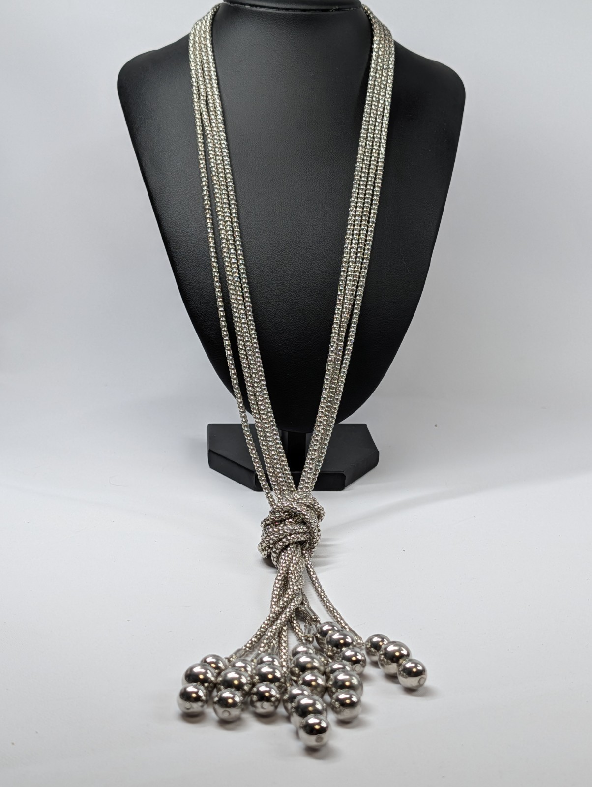Silver Tone Multi Strand Popcorn Chain Knotted Lariat Tassel Ball Fringe Vtg