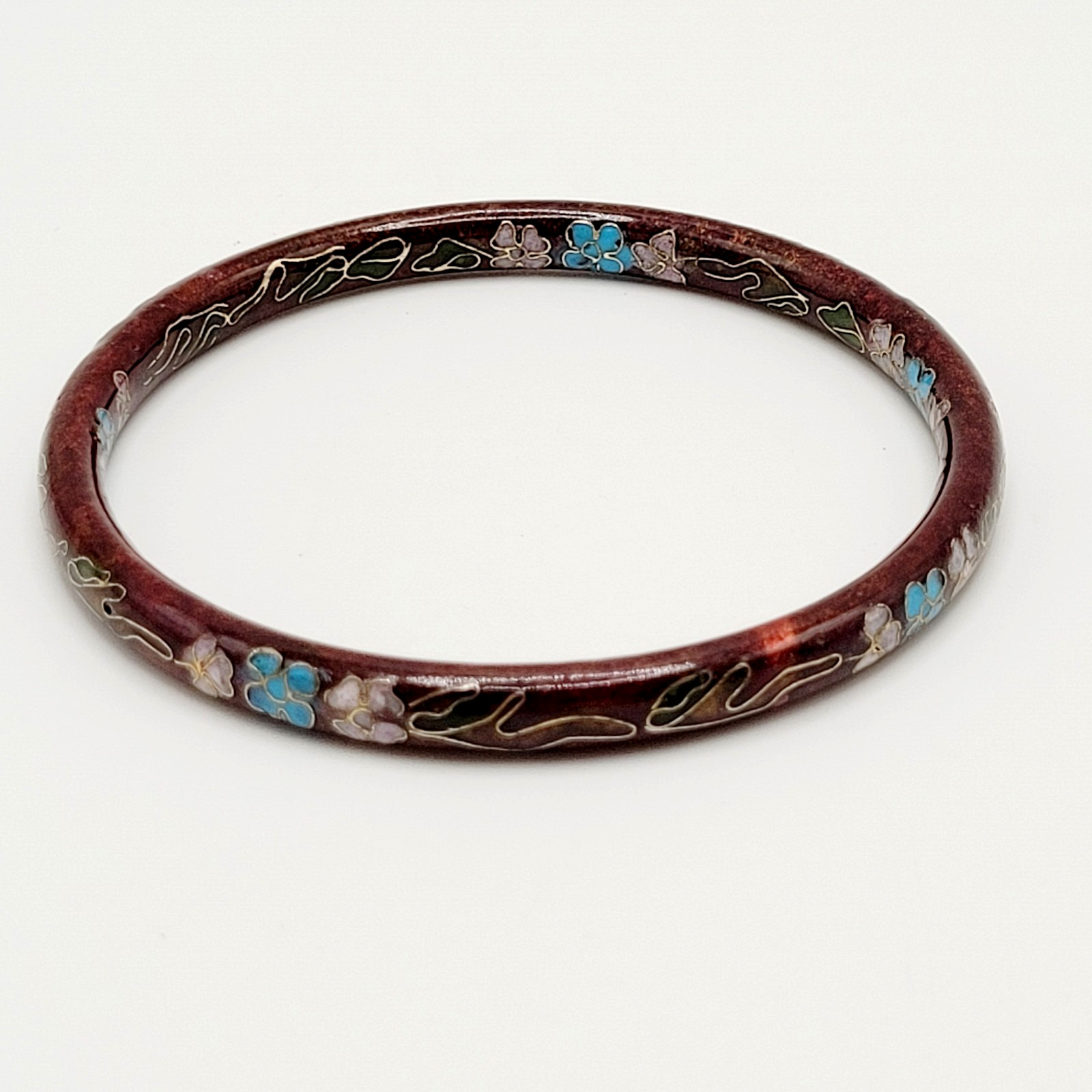 Cloisonné Deep Red Enamel Floral Hand Painted Asian Inspired Bangle Bracelet