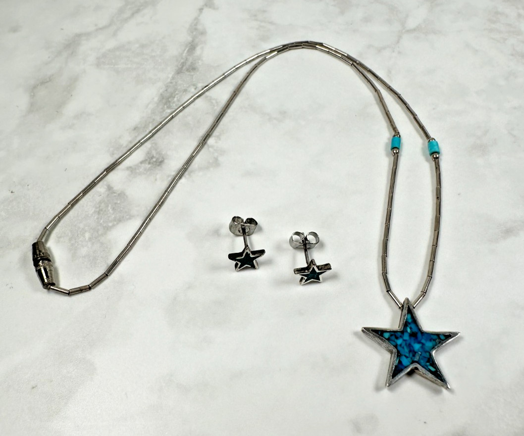 Sterling Silver Star Necklace & Stud Earrings w/ Turquoise Chip Inlay – 14″