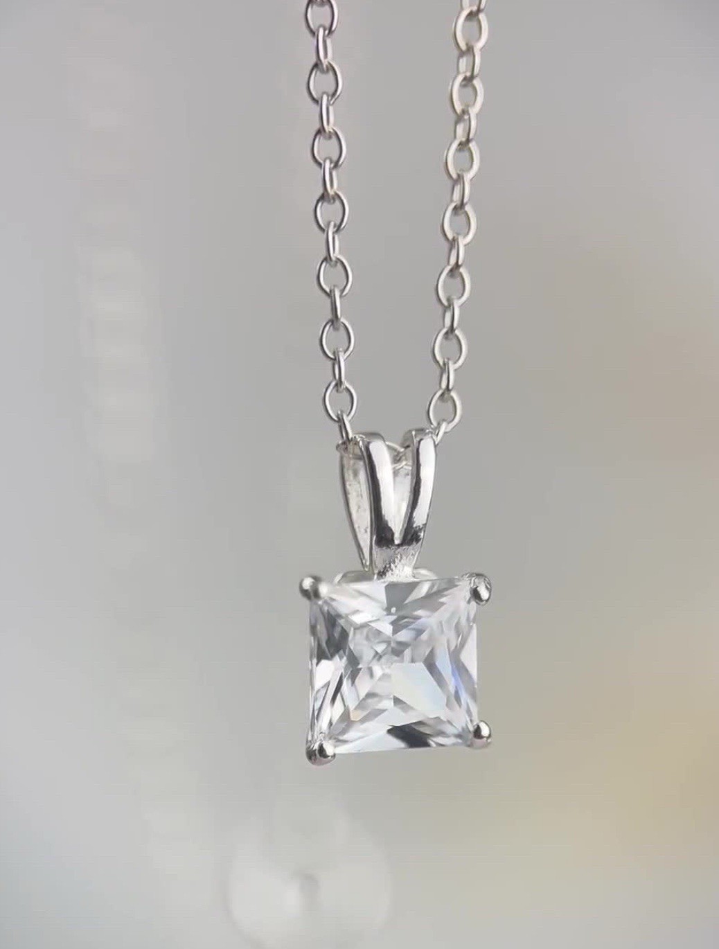 925 Sterling Silver Princess Cut CZ Solitaire Pendant Necklace 18″ 1ct 6mm Italy