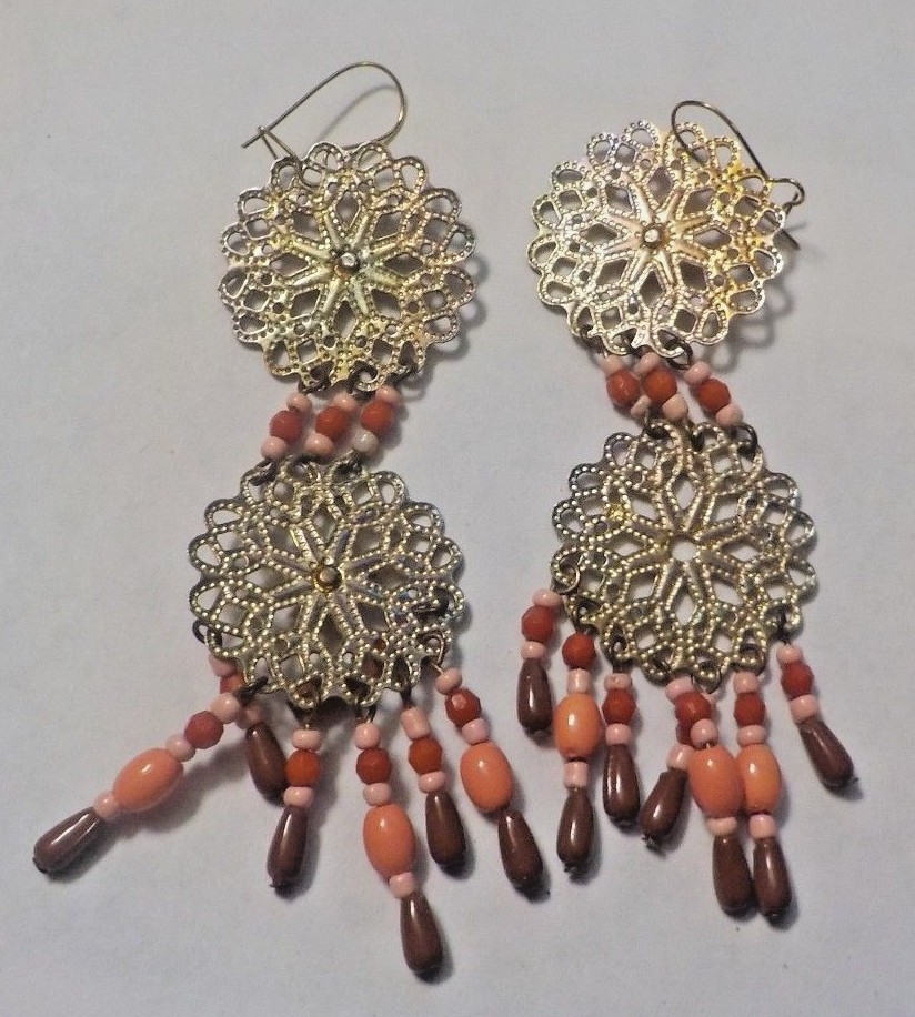 Vintage Peach, Brown & Pink Beads & Gold Tone Dangling Pierced Earrings
