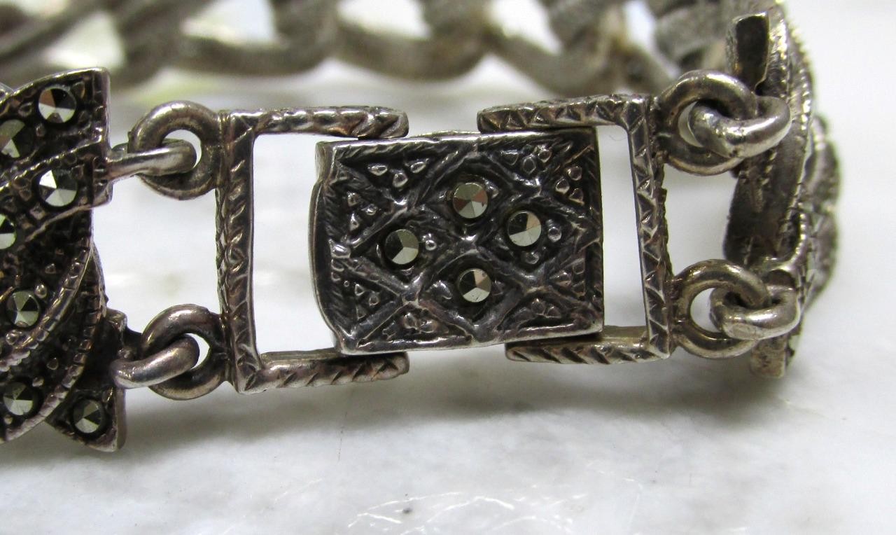 Vintage Sterling Silver Marcasite Curb Link Bracelet ~ 7-1/4″ ~ 29.5g ~ 5-D549
