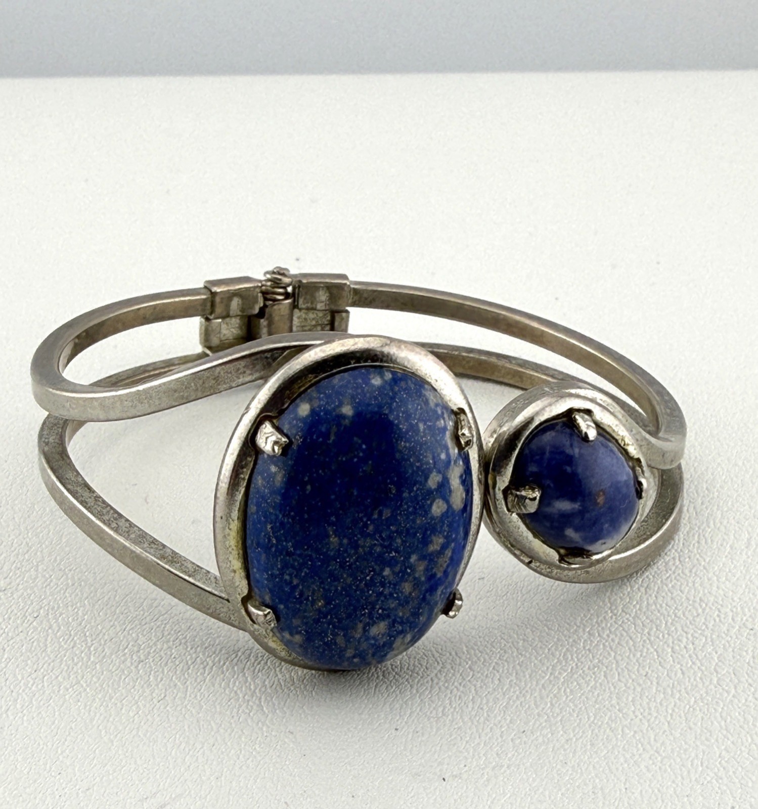 Vintage Cuff Bracelet Oval Blue Stone Cabochons Hinged Boho Classic