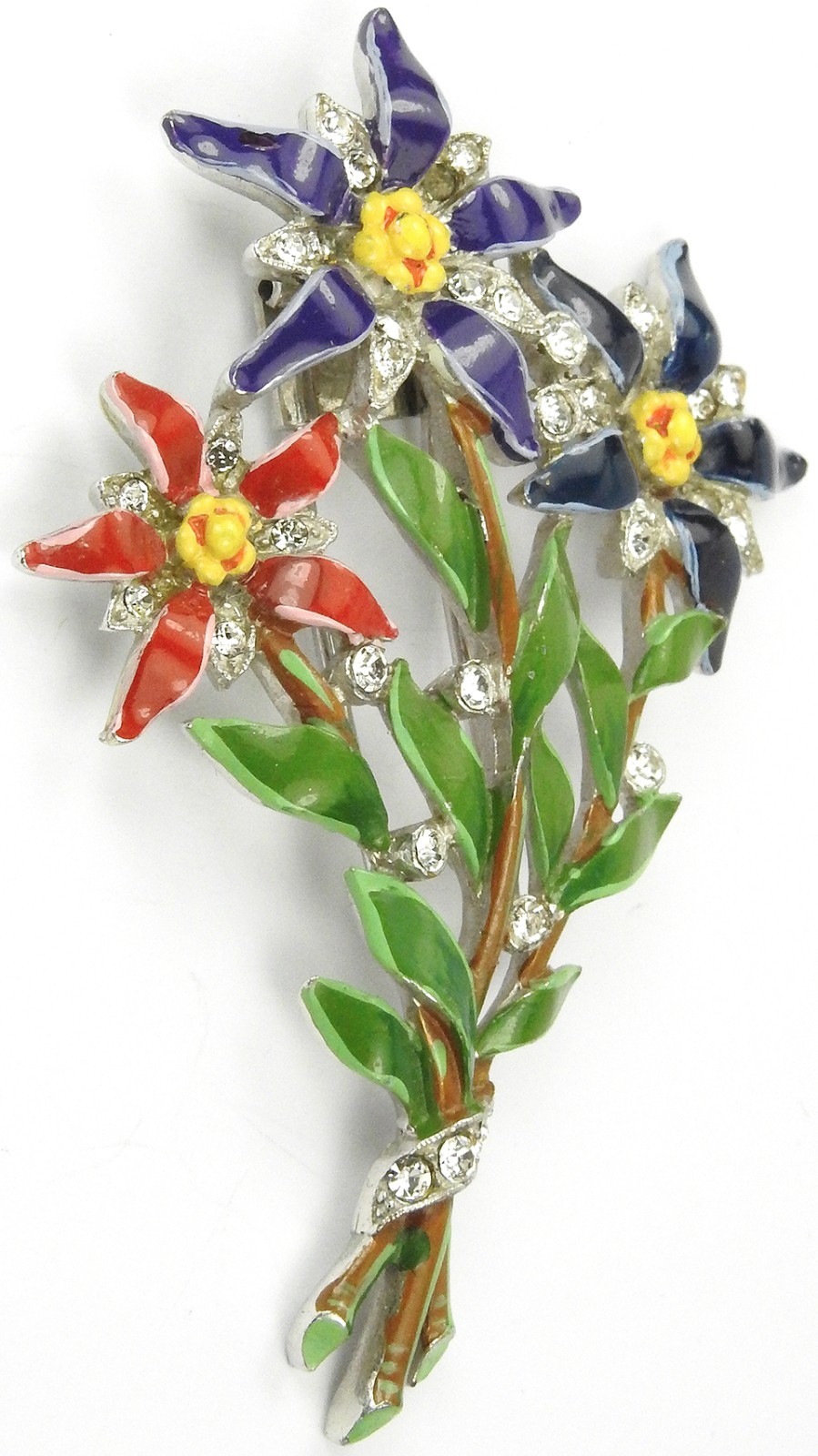Trifari ‘Alfred Philippe’ Red Violet and Blue Enamelled Star Flowers Pin Clip
