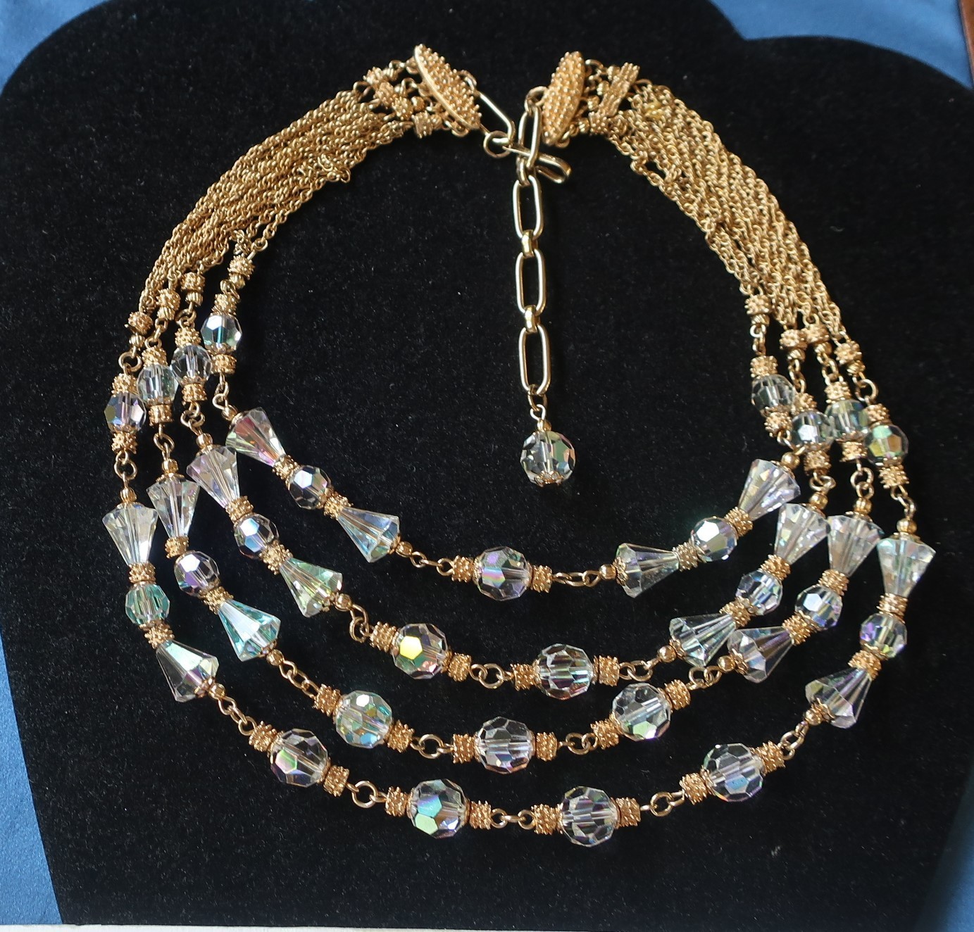 Statement Vendome Swarovski Crystal Beads Gold Plate Metal 4 Strand Necklace 18″