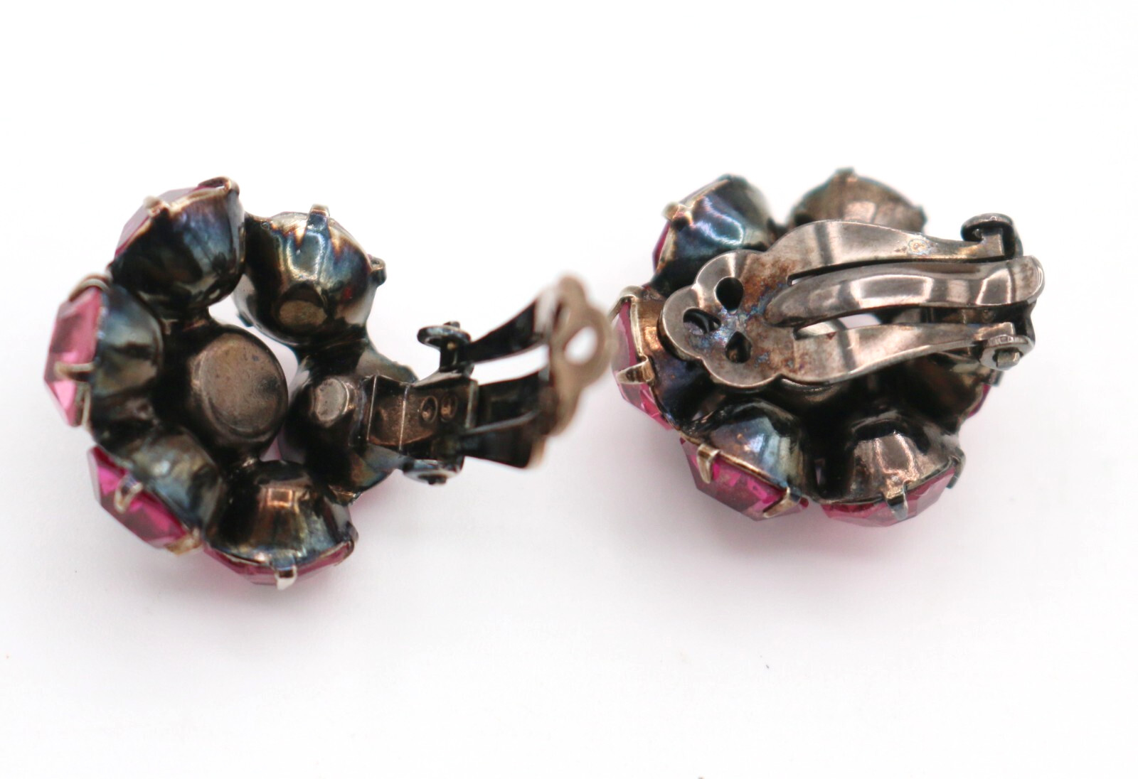 Lovely Vintage Pink & Purple Rhinestone Flower Shape Gunmetal Clip On Earrings