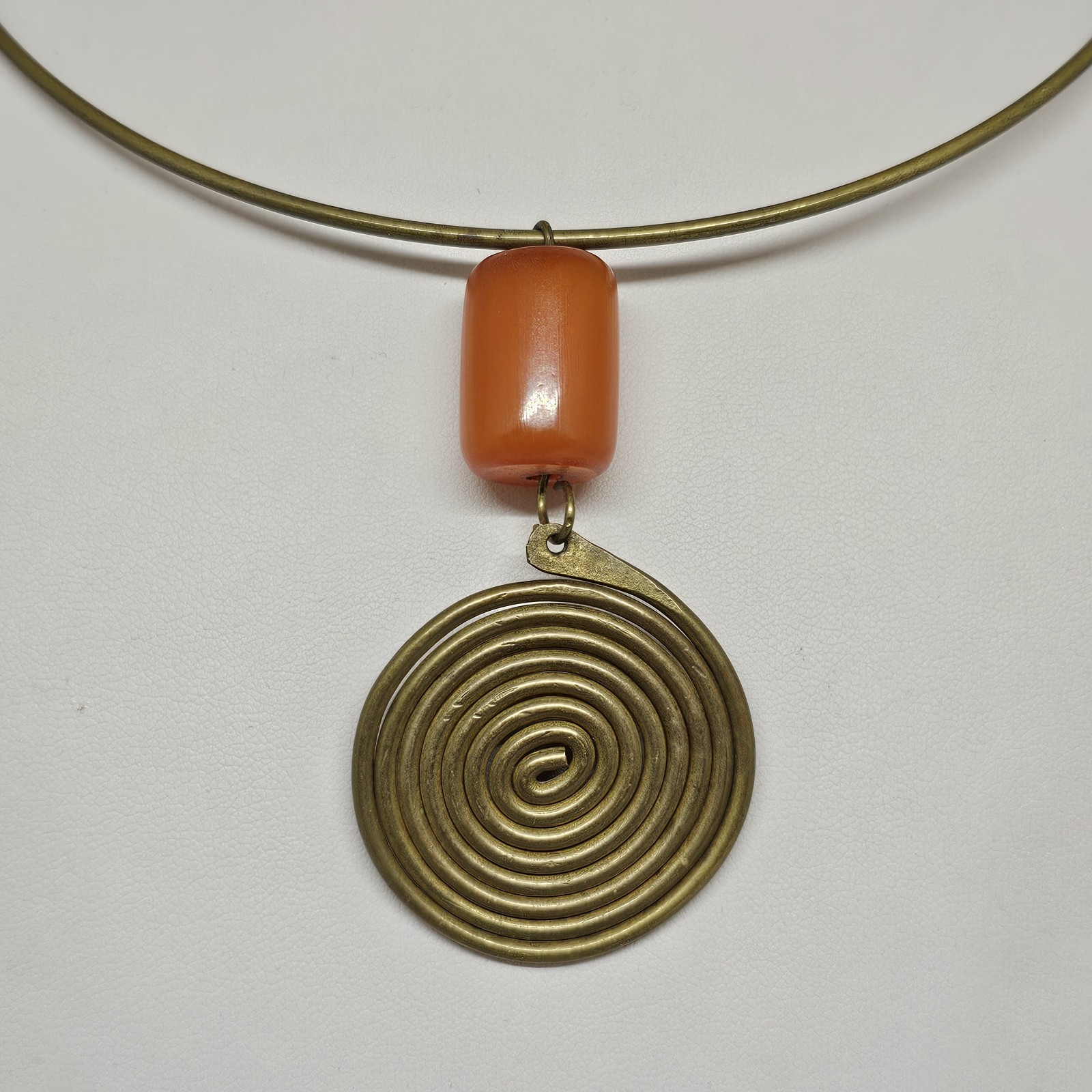 African Amber Brass Spiral Pendant Necklace Butterscotch Phenolic Resin Tribal