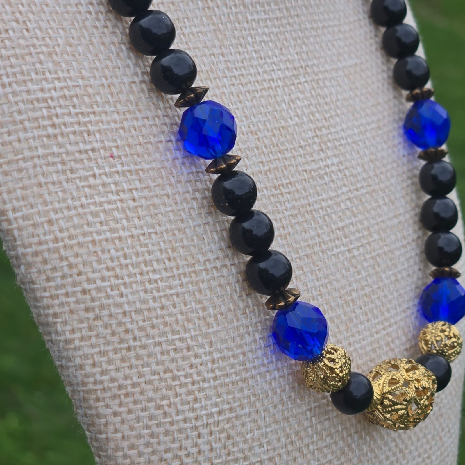 Vintage 1928 Necklace Black Blue Glass Beads Gold Tone Filigree Victorian style