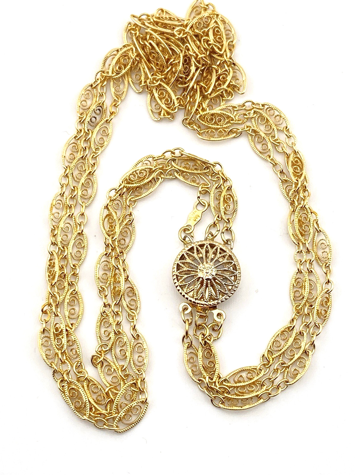 Triple Strand Filigree Link Gold Filled Necklace Vermeil Clasp 16 1/4 In