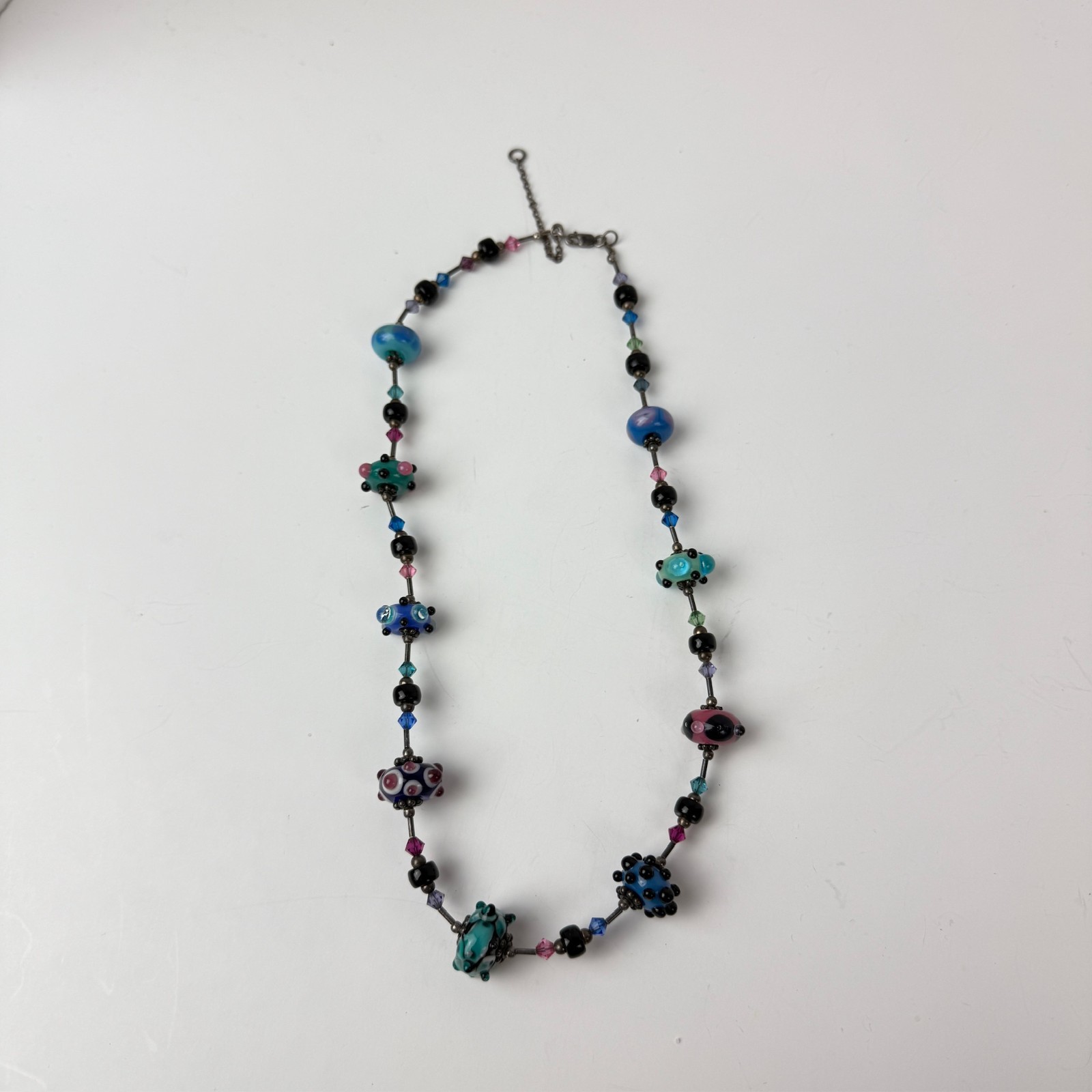 Vintage Art Lampwork Glass Swirl Beaded Necklace 925 Sterling Silver Polka Dot