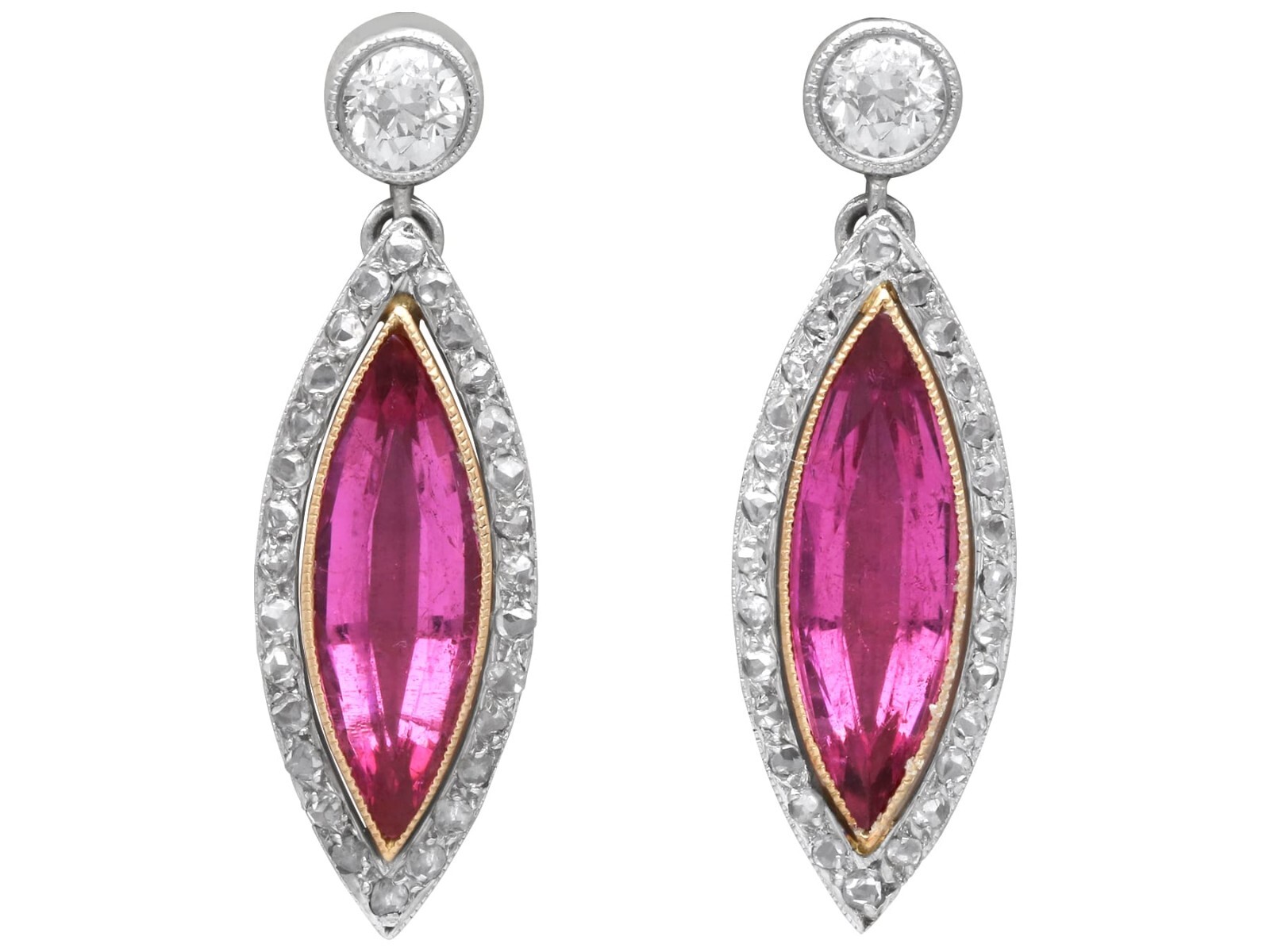 5.60Ct Pink Tourmaline and 1.10Ct Diamond, Platinum Drop Earrings Circa 1925