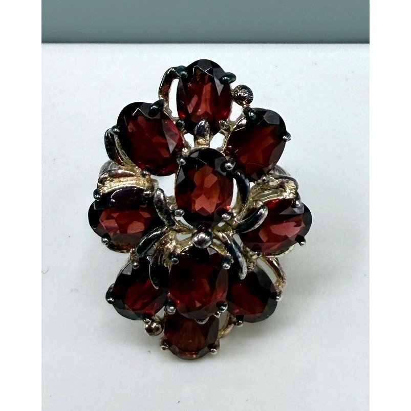Vtg 925 Sterling Silver Garnet Floral Cluster Statement Cocktail Ring Sz 7.75