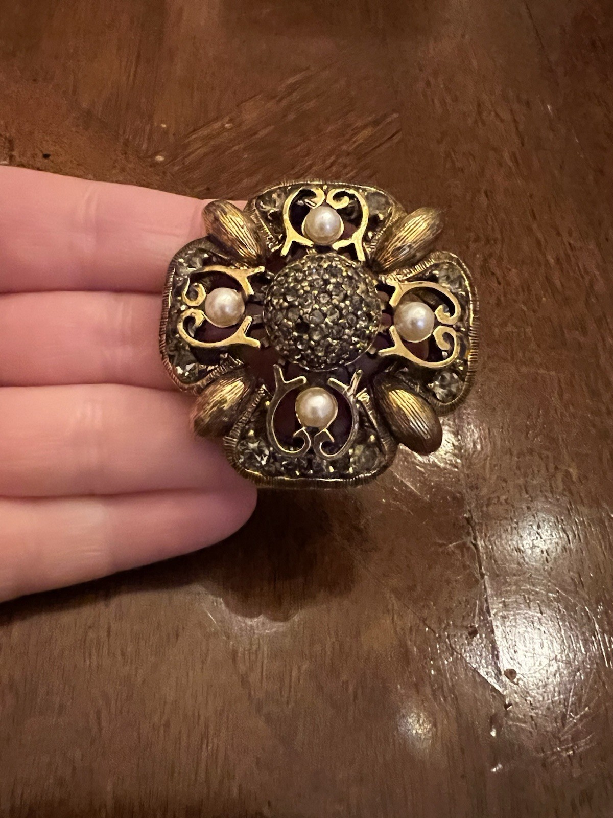 Vintage Jeanne Faux Pearl & Rhinestone Floral Cluster Brooch Gold Tone Signed!
