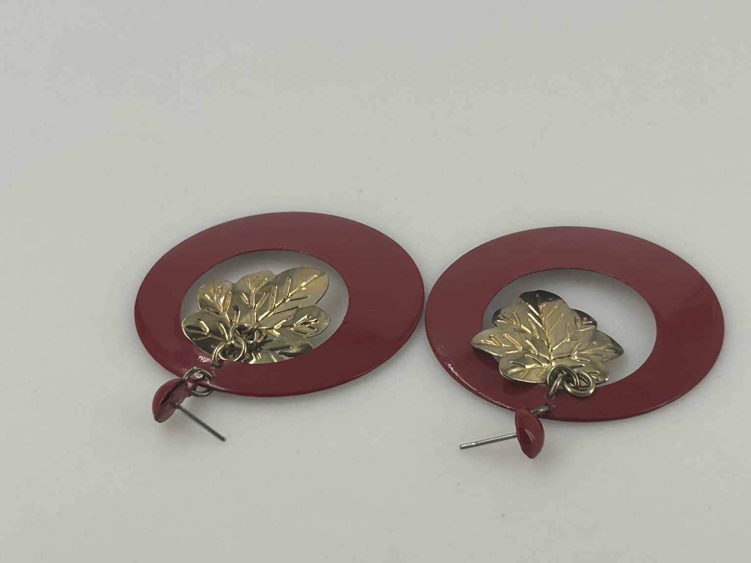 Vintage Dangle Drop Earrings Gold Tone Metal Red Enamel Leaf Charm