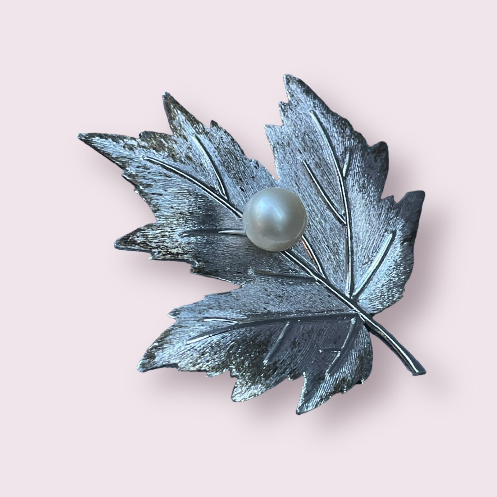 Vintage Mikimoto Sterling Silver Cultured Pearl Maple Leaf Brooch Pin