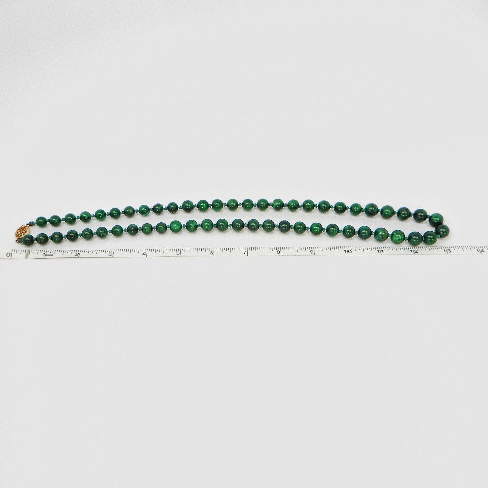Vintage Green Jade Knotted Graduated Bead Necklace 26” 925 Silver Filigree Clasp