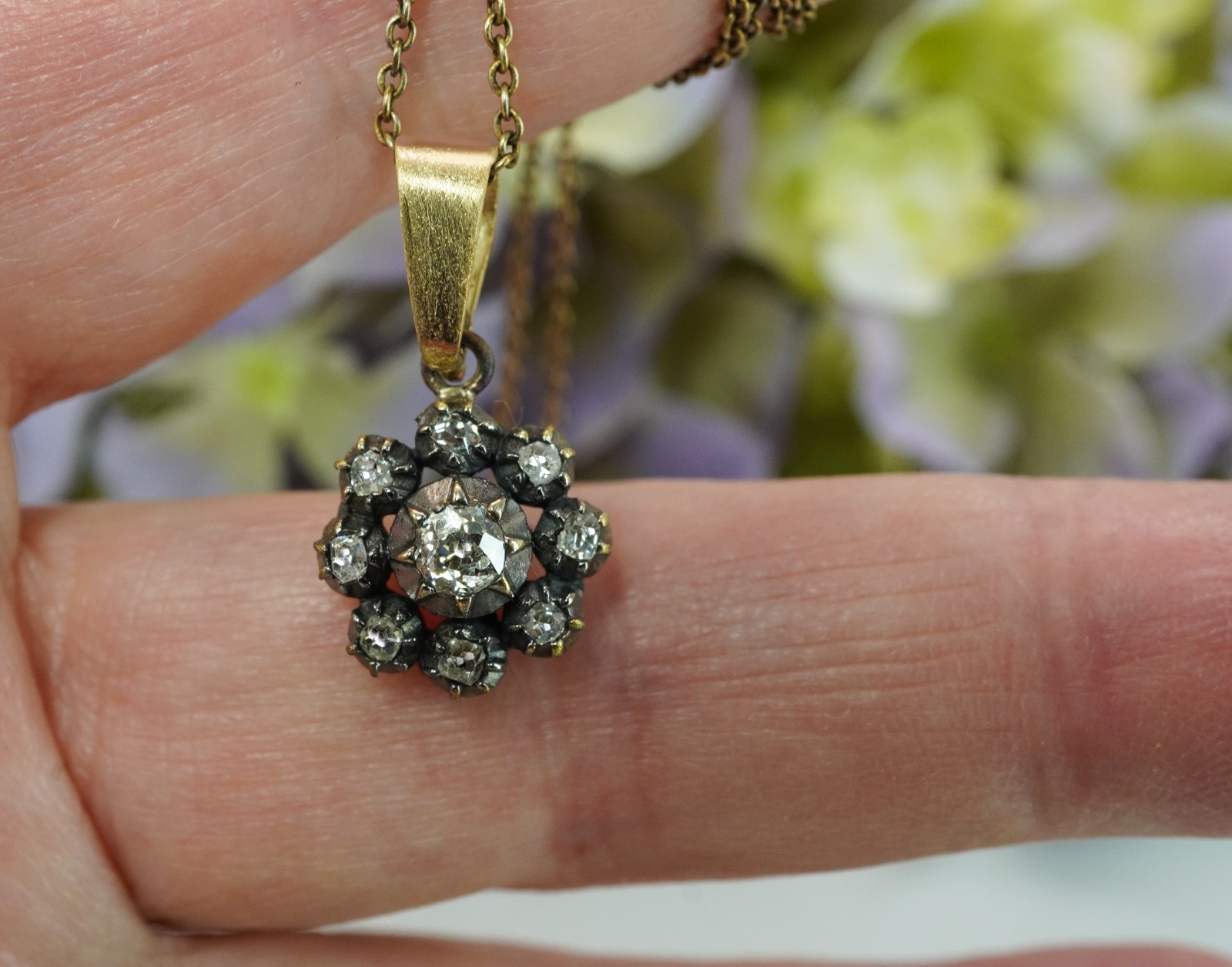 Georgian Antique Old European Rose Square Diamond Pendant 18K 14K Gold Silver