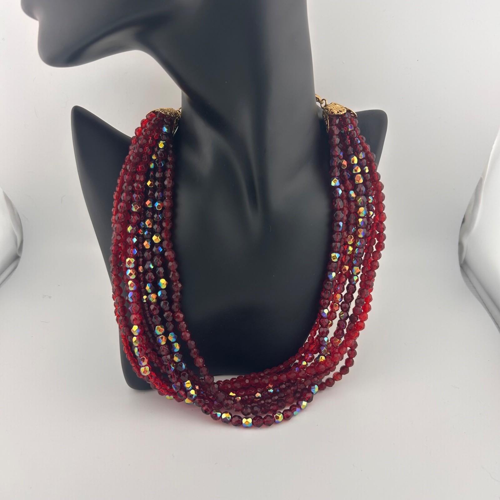 Vintage iridescent and solid red burgundy ruby 9 strand necklace